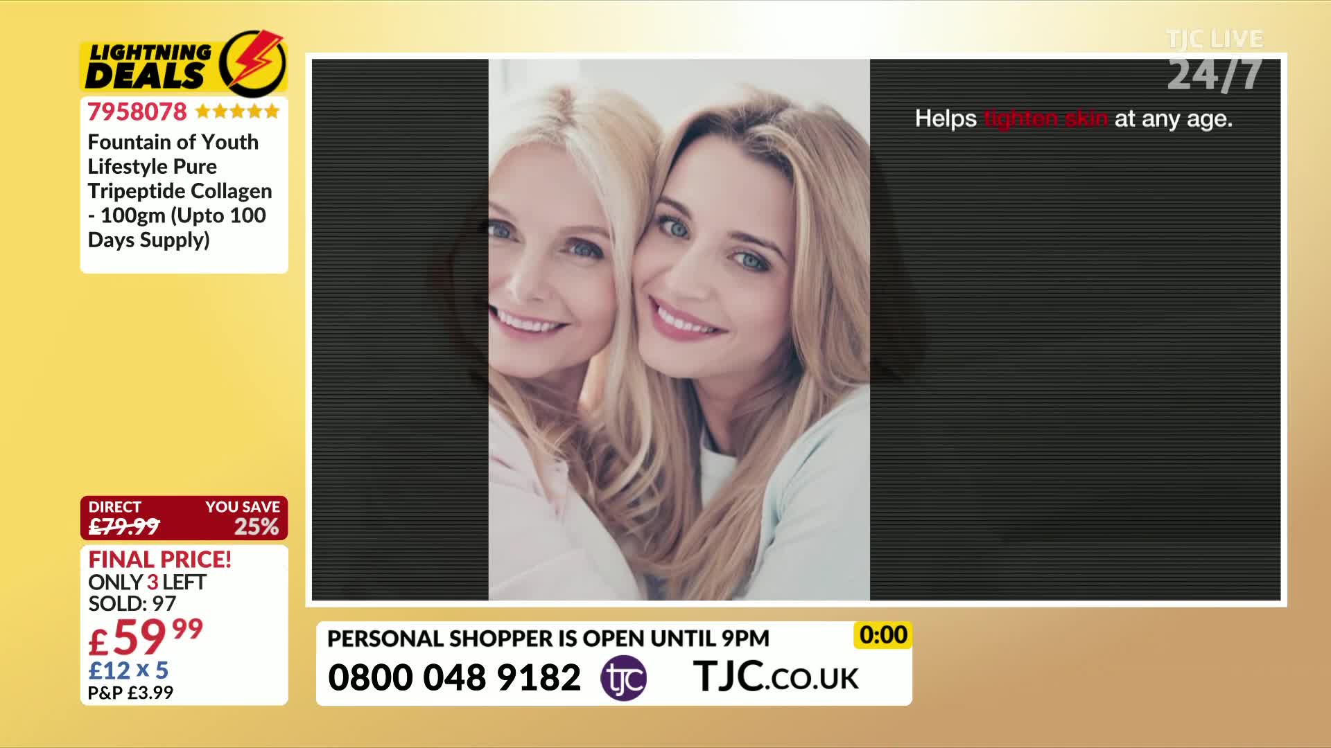 Two smiling women, one with blonde hair, the other with lighter blonde hair, are close together in a photo on a TJC screen. The screen displays a "Lightning Deals" offer for collagen, with a final price and a countdown timer.
