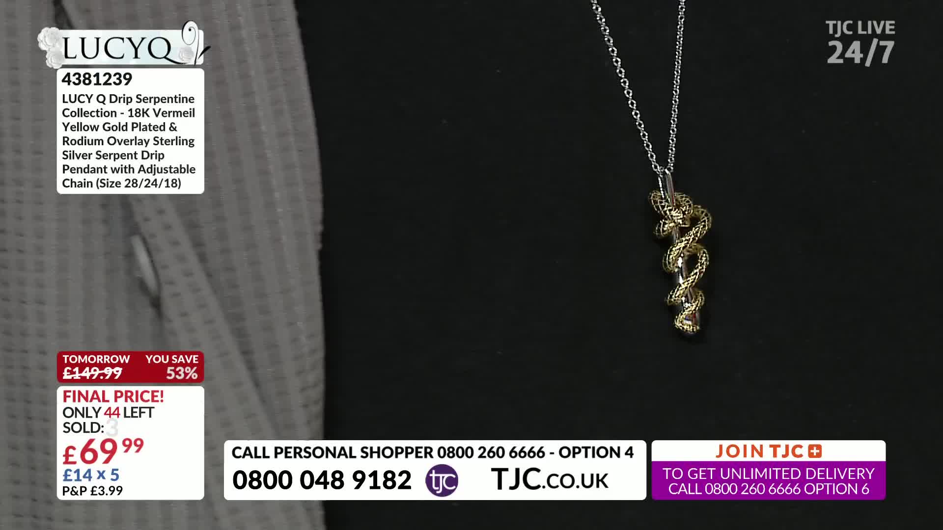 A gold and silver snake pendant hangs against a black background, its details highlighted by the studio lighting. The TJC logo and a sale price are visible in the lower portion of the screen.
