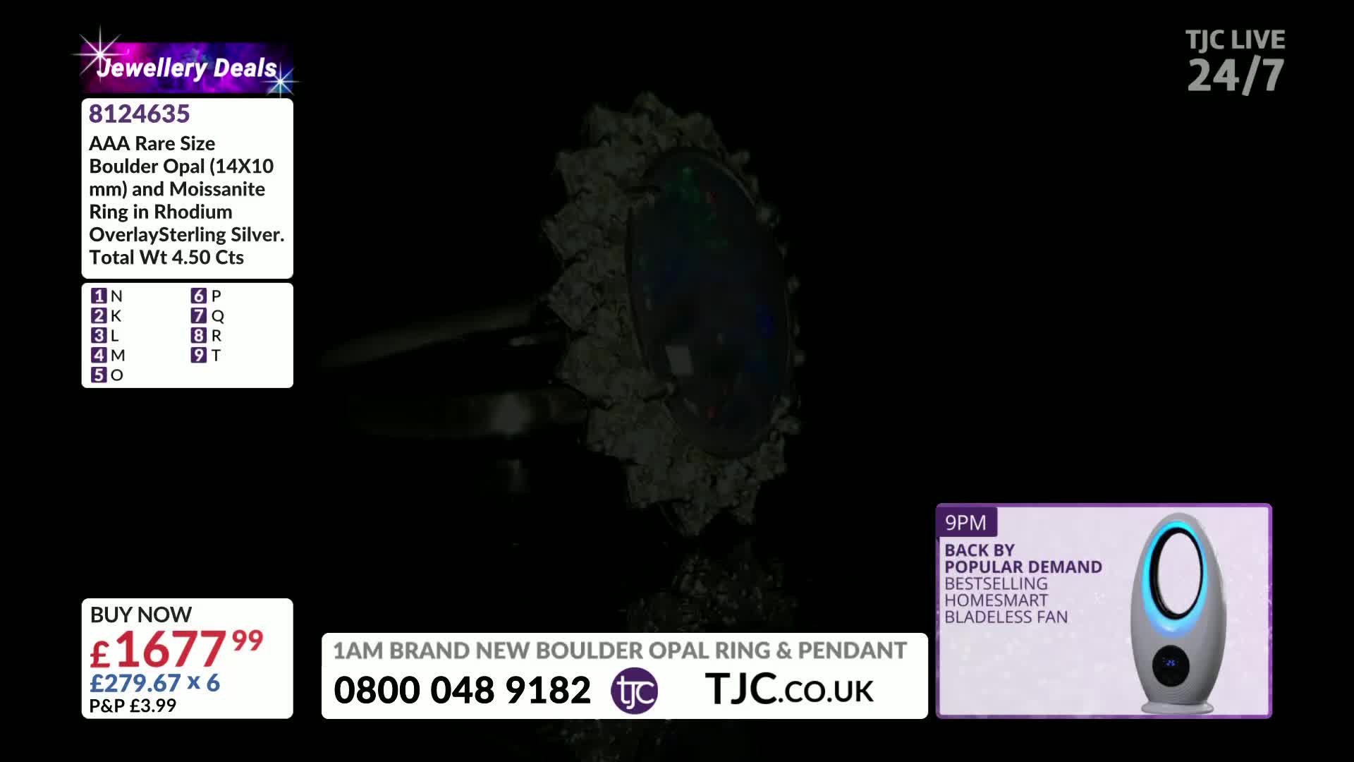 A large, ornate ring with a dark, oval stone is lit against a black background. The TJC logo and a price tag for the ring are visible in the bottom left corner.
