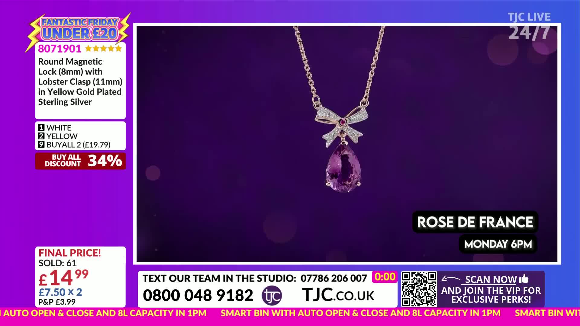 A necklace with a large, teardrop-shaped stone hangs against a deep purple backdrop. The TJC channel is advertising the piece, with a "Fantastic Friday" deal and the final price displayed.
