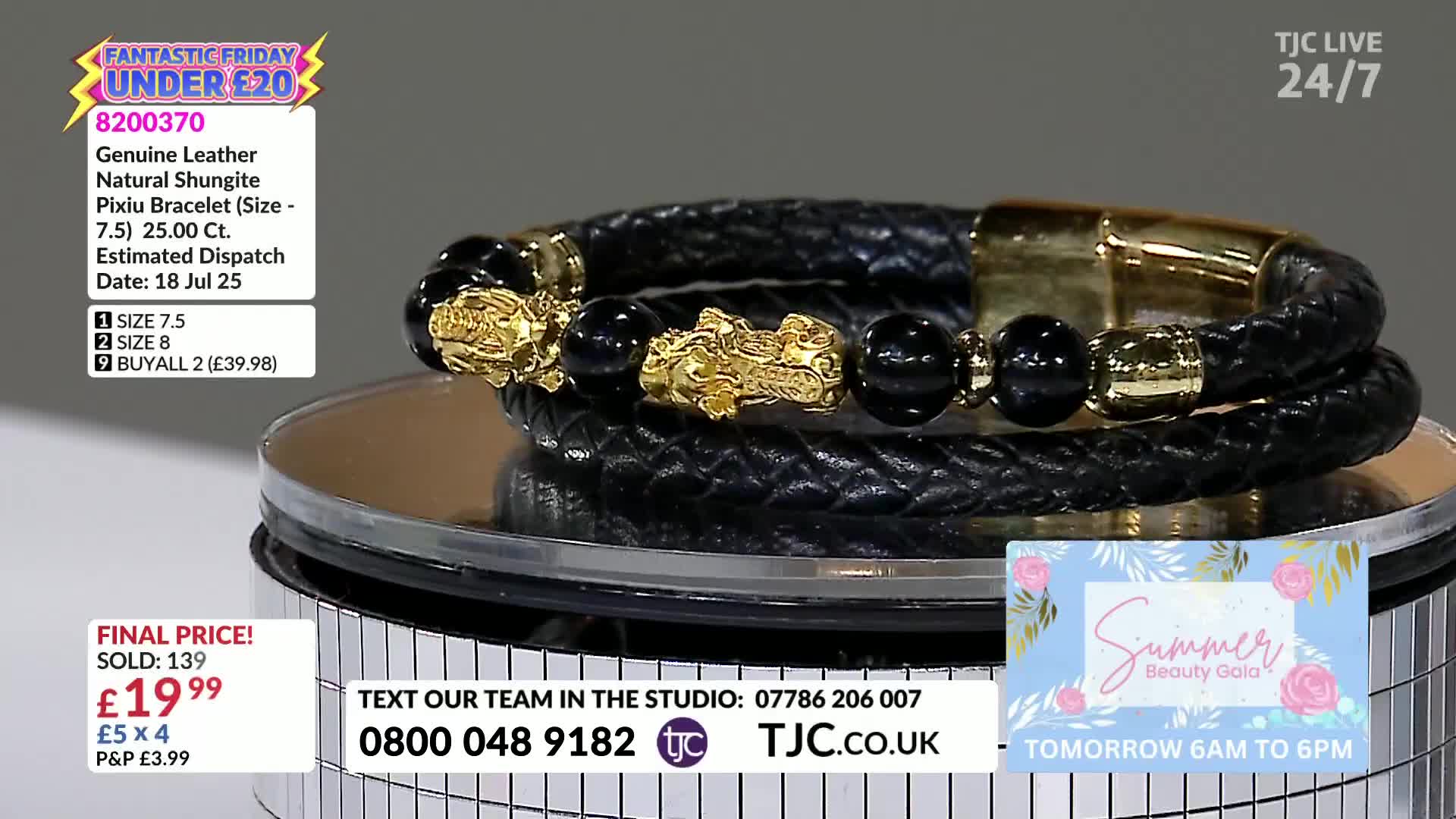 A black leather bracelet with gold accents and beads sits on a mirrored surface. The TJC studio is advertising it as a "Fantastic Friday" deal.
