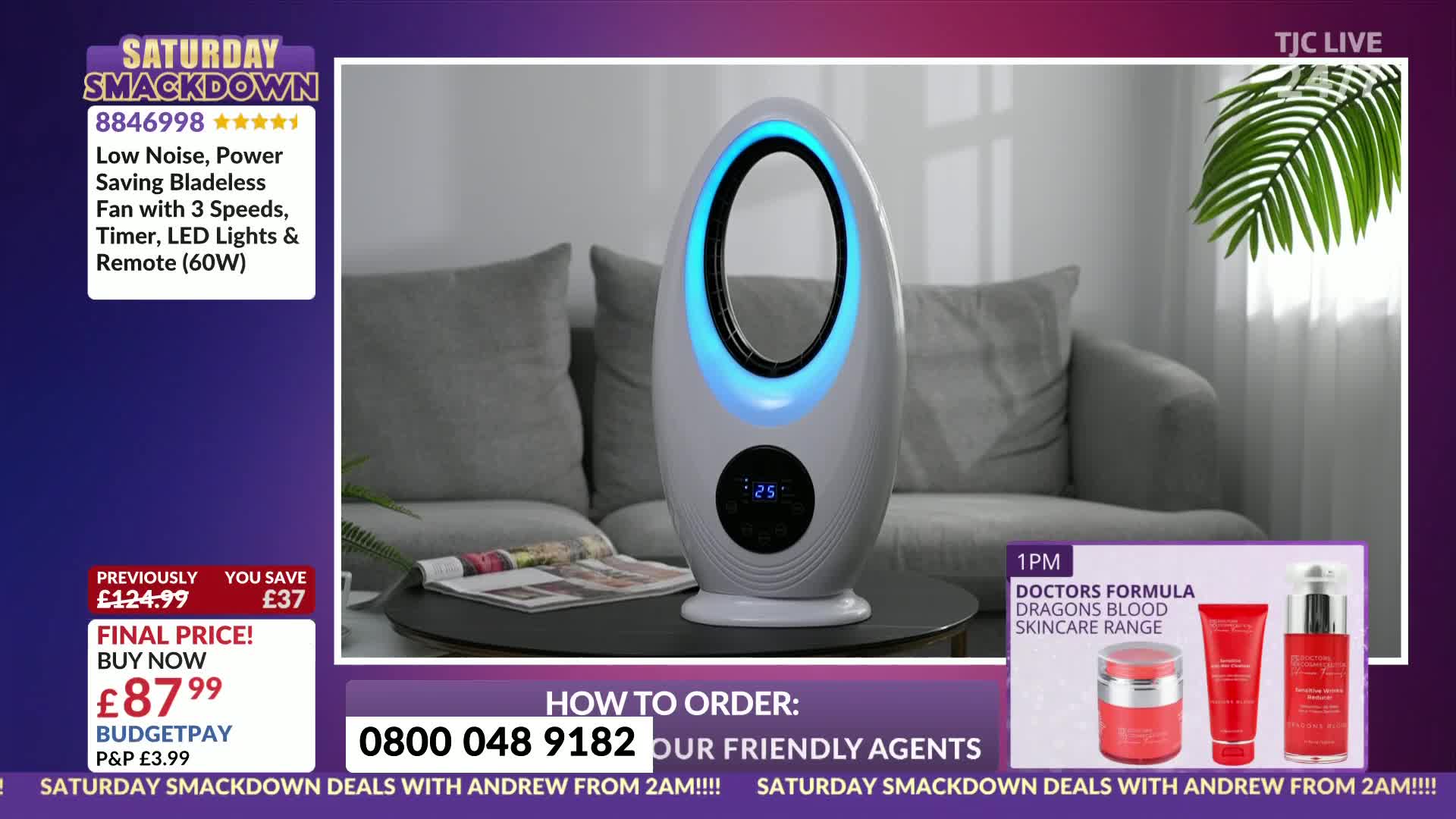 A white bladeless fan with a blue light is displayed on a small table in front of a sofa. The TJC graphic shows a price and how to order.
