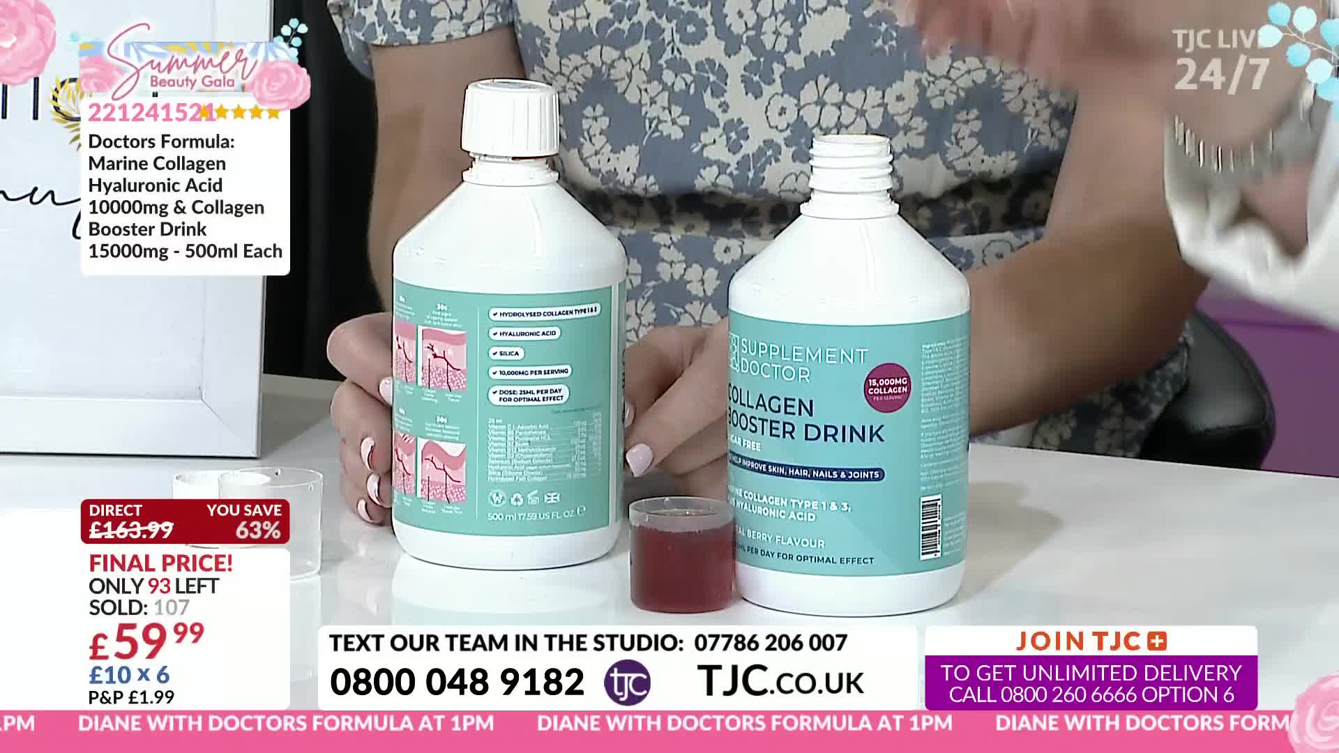 Two white bottles of collagen drink sit on a table, next to a small glass of the red liquid. A presenter from TJC is holding the bottles up, likely to show the product to viewers in the United Kingdom.
