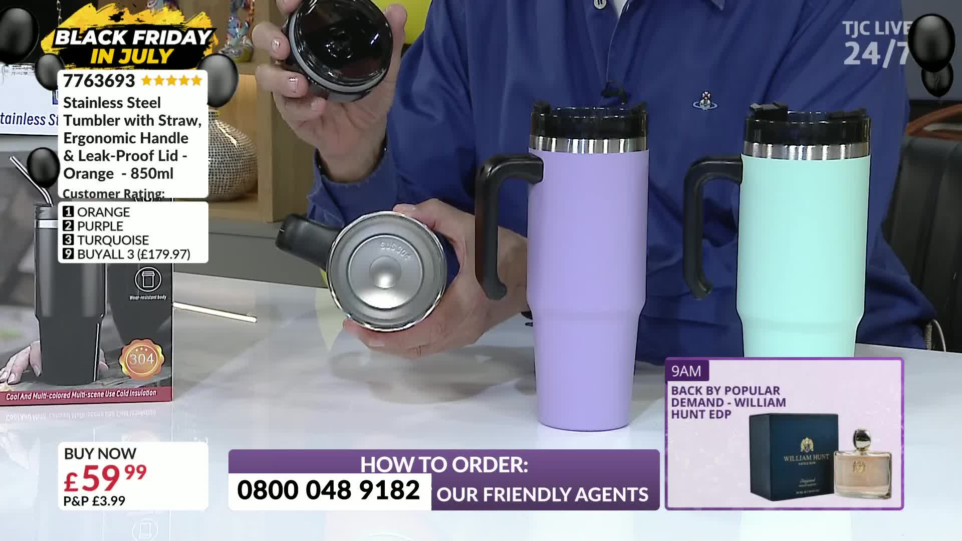 A man in a blue shirt holds a disassembled stainless steel travel mug, showing its parts. Beside him, two assembled mugs in purple and turquoise sit on a white surface, likely for a TJC presentation.
