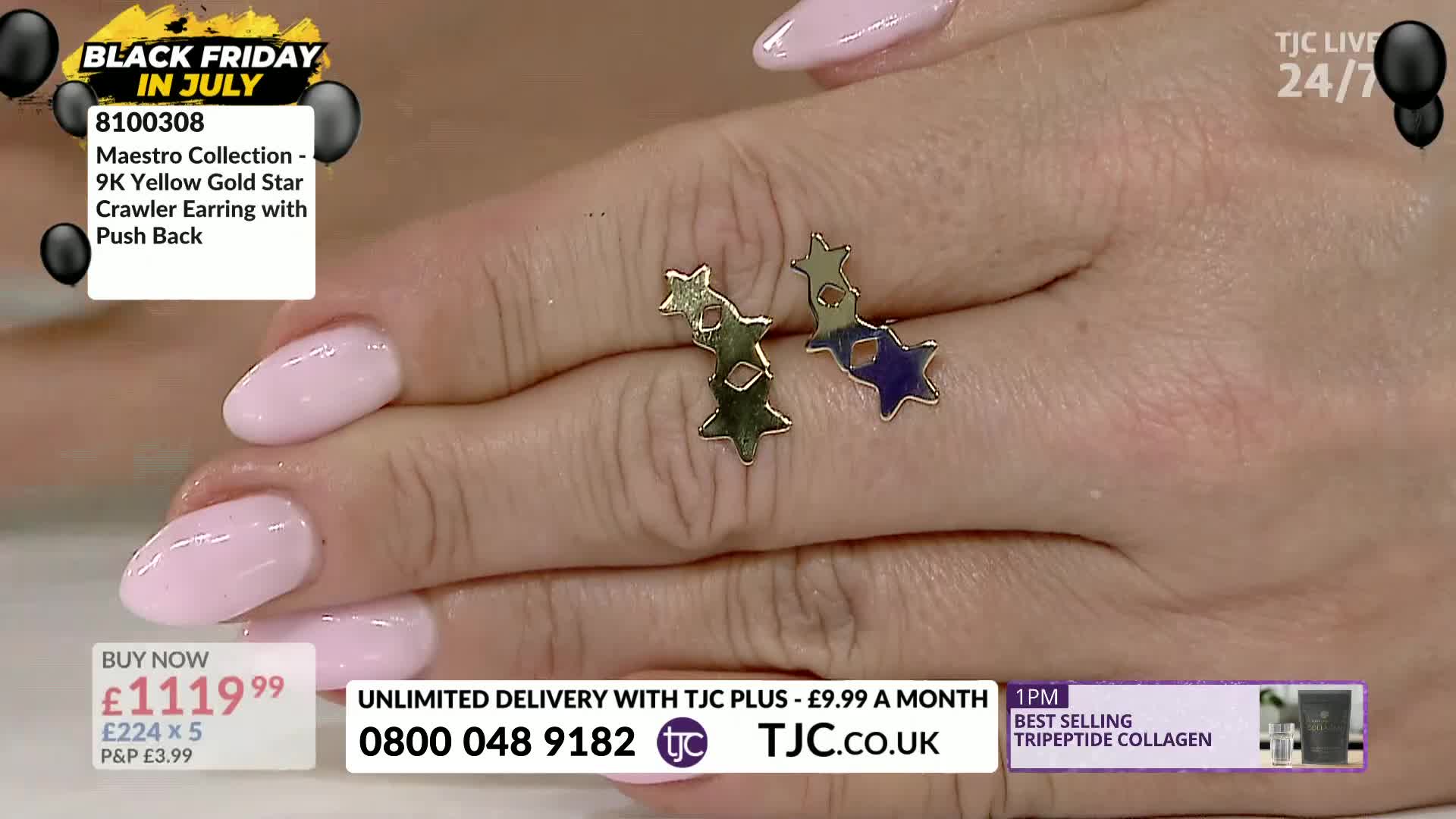 A pair of gold star earrings rests on a hand with pale pink nails, likely a demonstration on TJC. The price tag flashes, offering a "Black Friday in July" deal in the United Kingdom.
