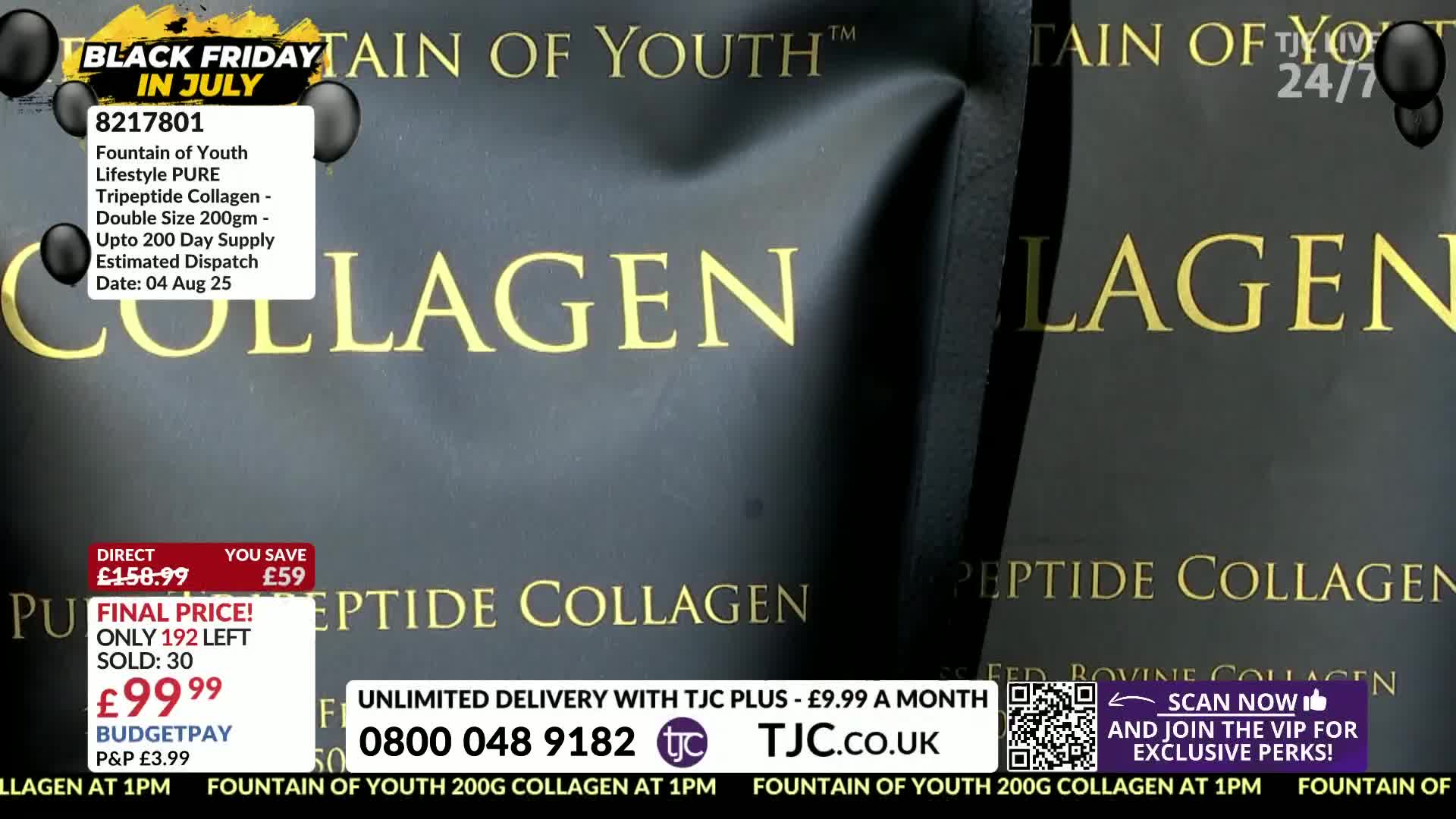 Large black packages of "Fountain of Youth" collagen are displayed, with the word "COLLAGEN" in bold gold lettering. The on-screen text from TJC advertises a final price and limited stock.
