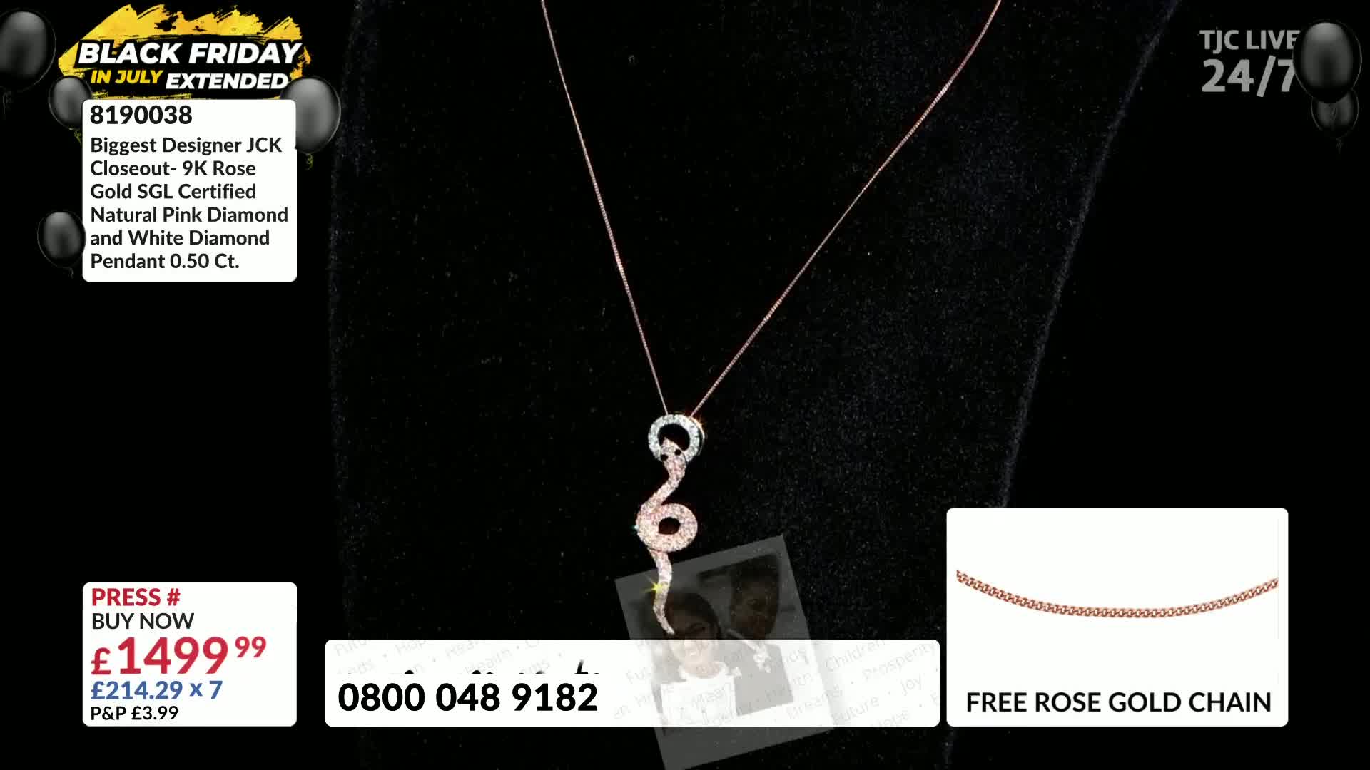 A rose gold necklace, shaped like a snake, hangs against a dark backdrop. The pendant, encrusted with diamonds, is the focus of this TJC broadcast.
