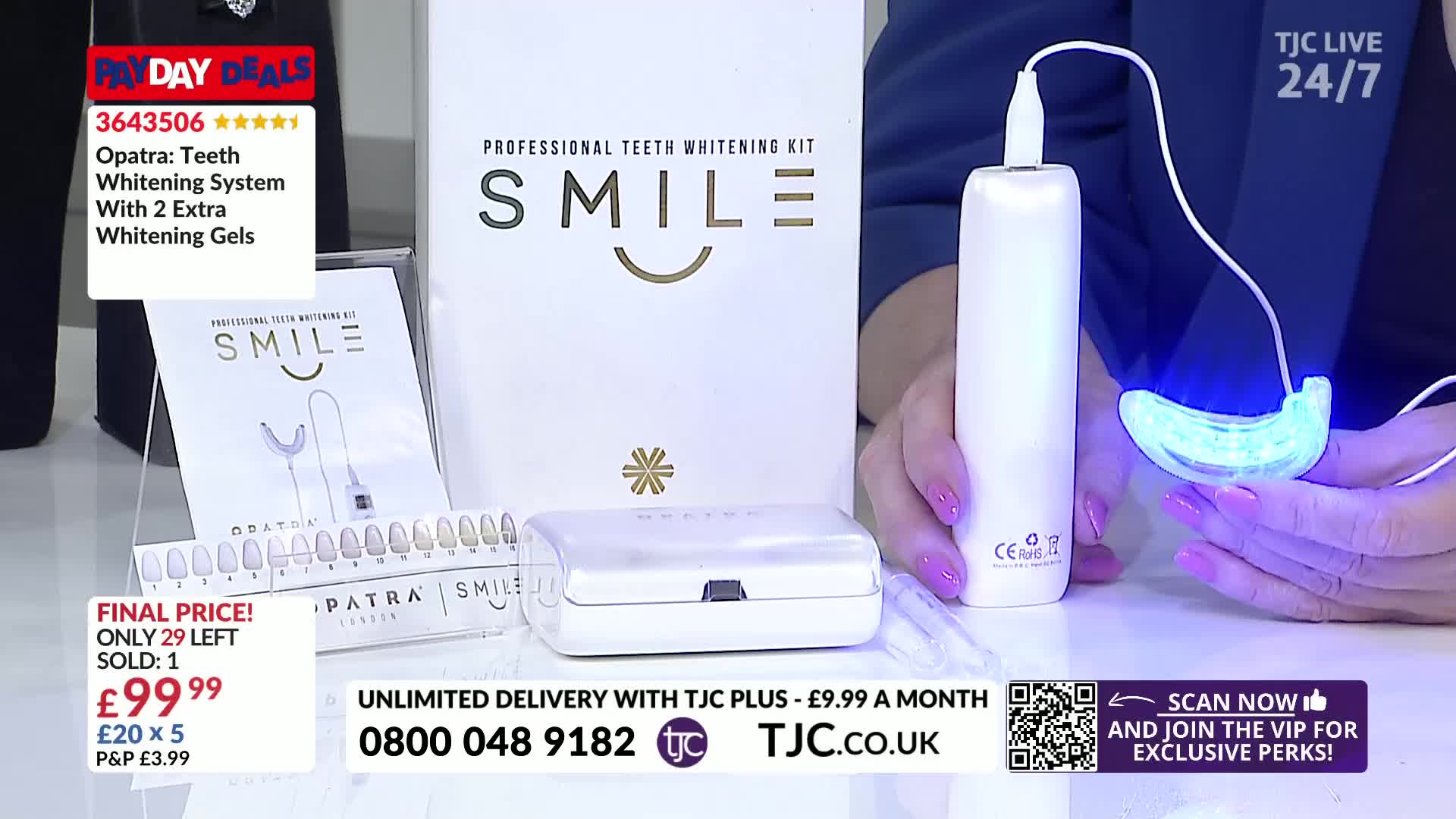 A presenter holds a white device, connected by a wire to a blue-glowing mouthpiece. The TJC logo is visible, and the screen displays a teeth whitening kit with a final price of £99.99.
