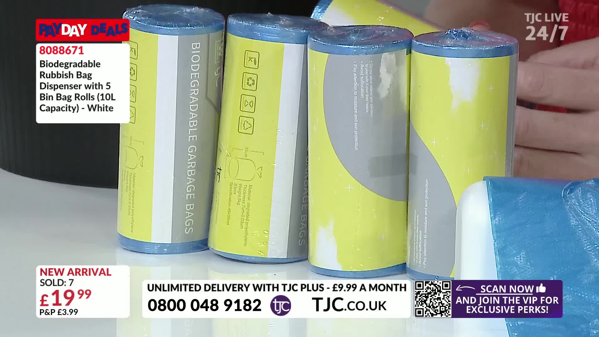 Five cylindrical rolls of white bin bags, each wrapped in yellow and grey paper, are displayed on a table. The TJC logo and a price tag are visible in the lower portion.

