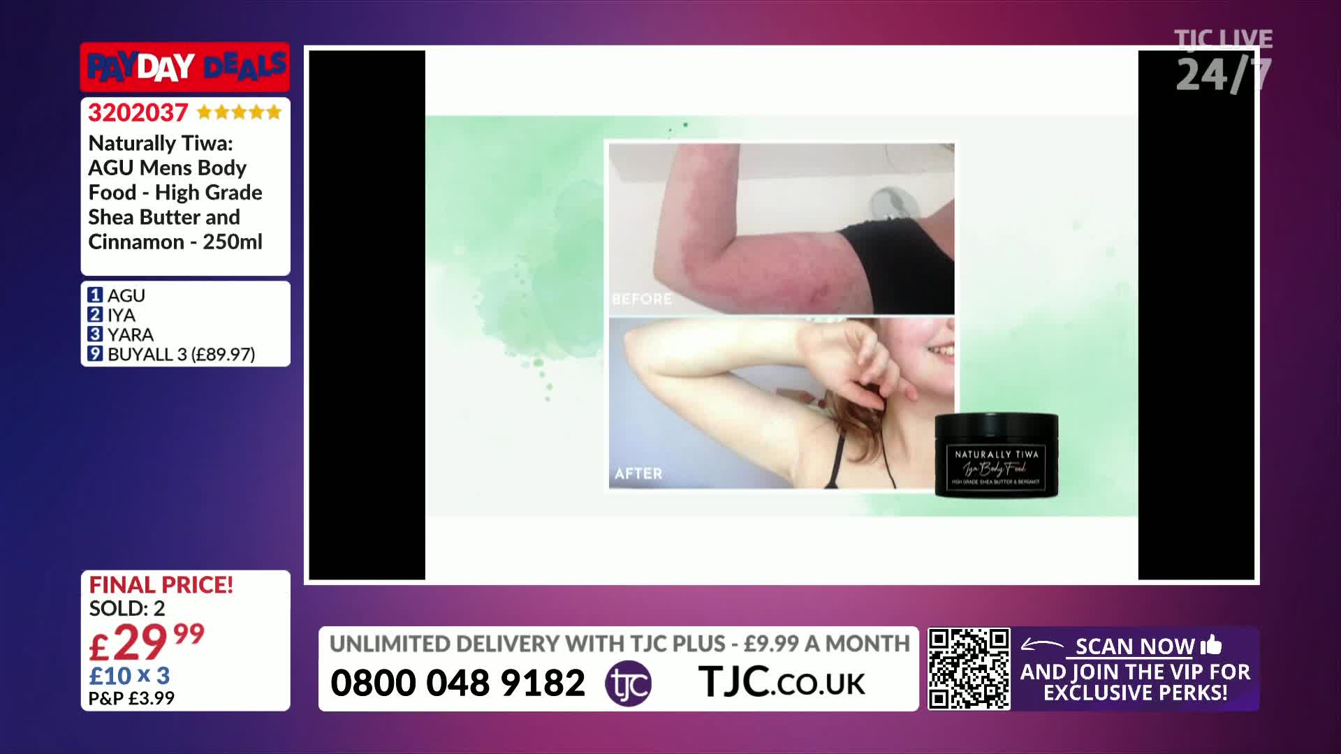 A before-and-after comparison of skin is displayed, showing a red, irritated arm transforming to smooth skin. The TJC logo and product details for "Naturally Tiwa" body food are visible on the screen.
