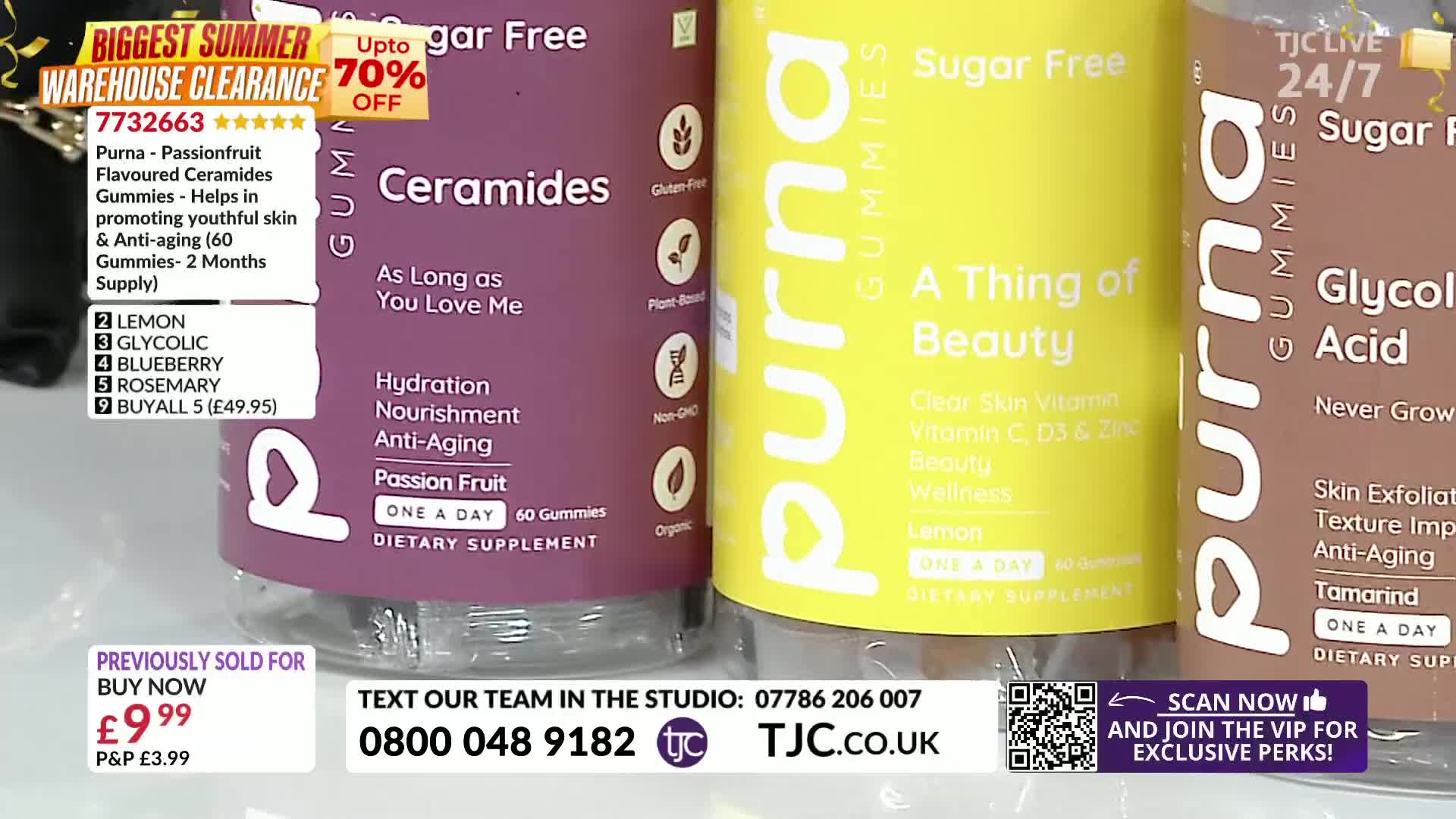 Three bottles of "Purna Gummies" stand side-by-side, each with a different flavor and color, advertised on a TJC channel. The price of one flavor is displayed, along with a "Biggest Summer Warehouse Clearance" promotion.
