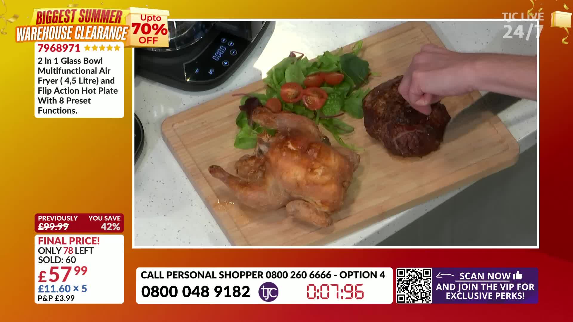 A roasted chicken and a piece of meat sit on a wooden board, next to a small salad. A hand reaches in to touch the meat, likely demonstrating its texture on the TJC channel.
