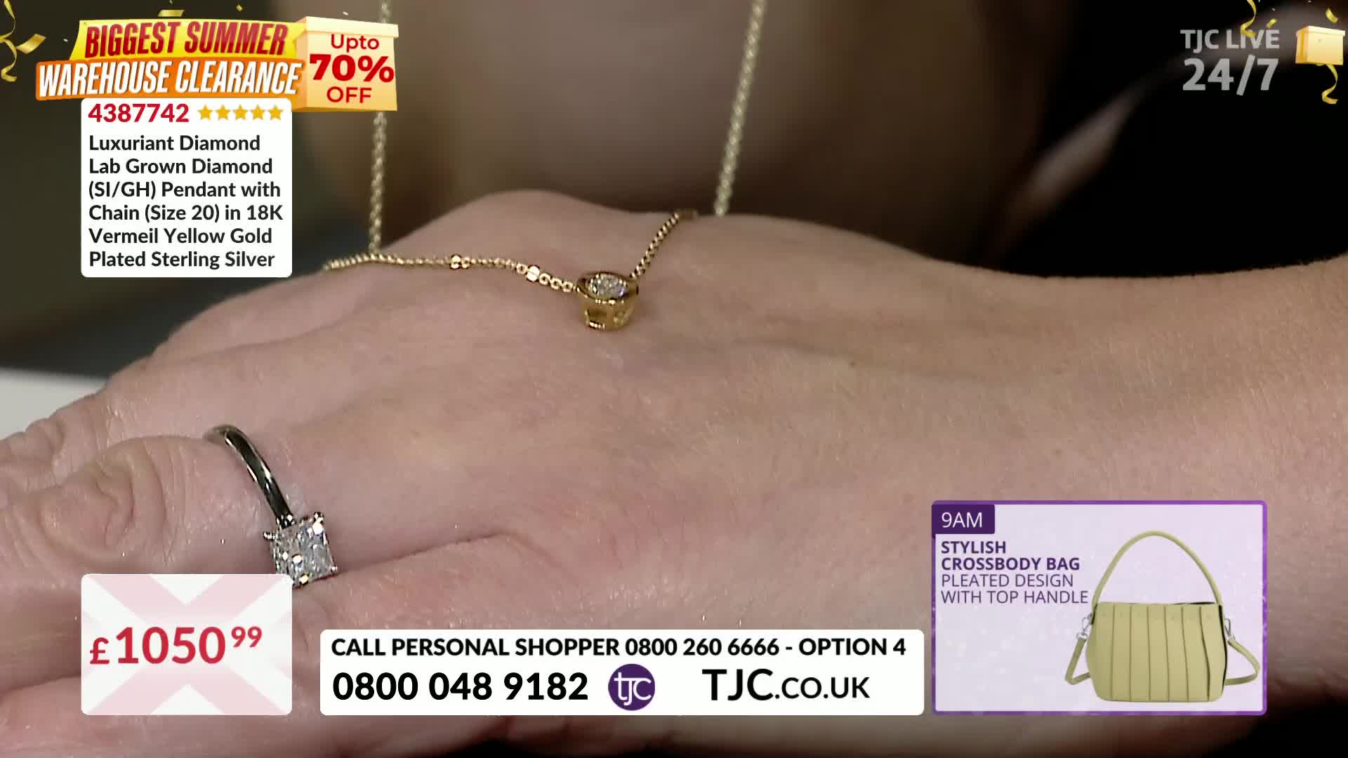 A hand displays a gold chain with a diamond pendant, and a ring with a square stone. The TJC logo and a price tag are visible in the corner.
