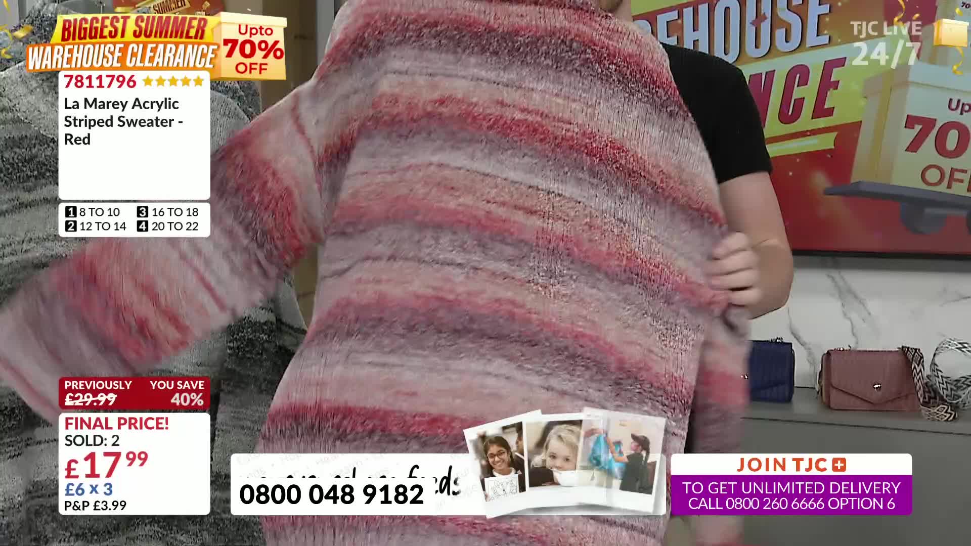 A person is holding up a striped sweater, showing it off for a TJC broadcast. The red and gray knitwear is on sale, and the price is displayed on a screen.
