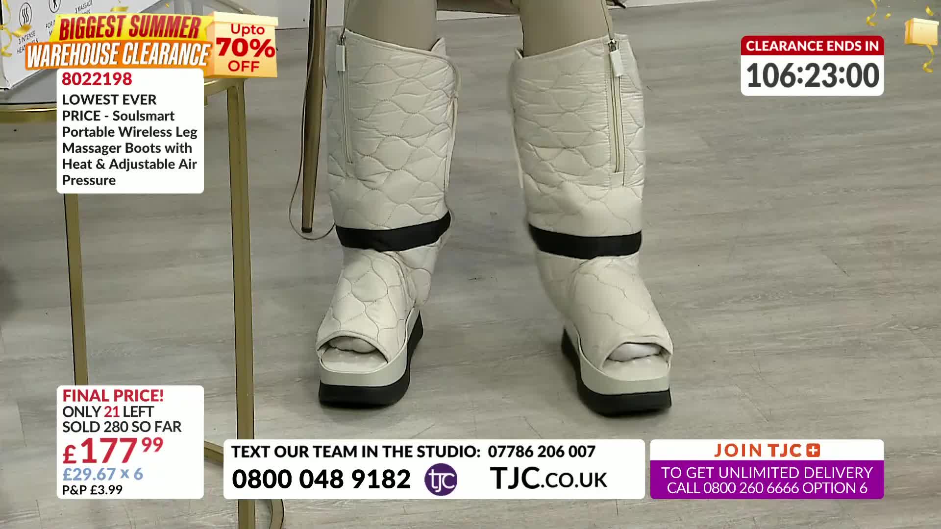 A pair of open-toed, quilted boots are on display, each with a black band around the middle. The TJC logo is visible, along with a countdown timer.
