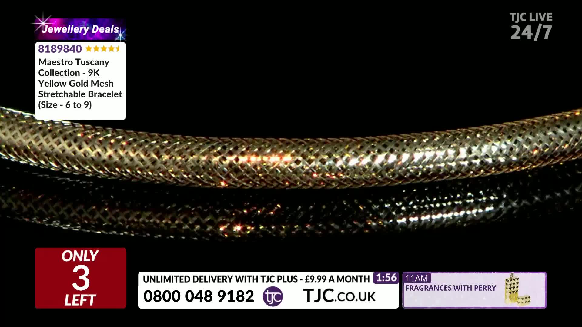 A gold mesh bracelet, reflecting light, curves across the screen. The TJC logo and a "Jewellery Deals" banner are visible, indicating a live shopping segment.
