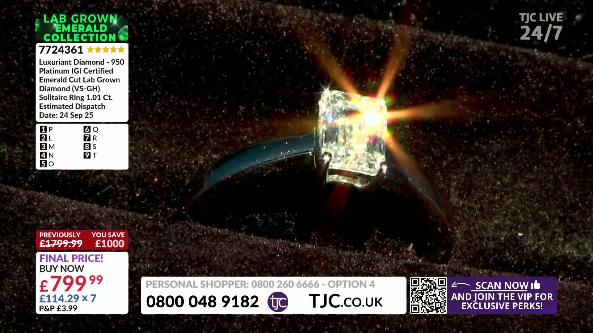 A diamond ring, lit up, sits on a dark surface. The TJC logo and price information are visible in the corner.
