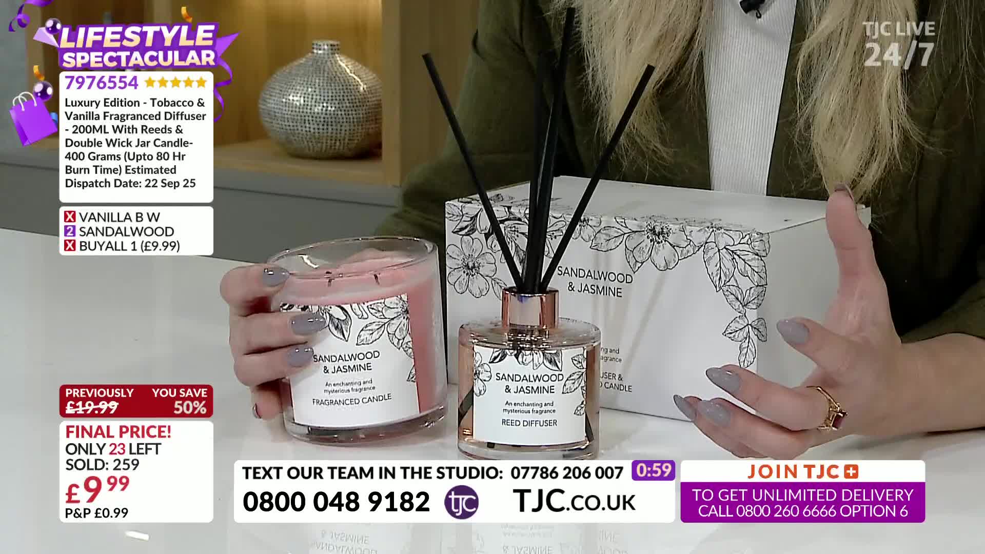 A woman's hands display a candle, a reed diffuser, and a box, all labeled "Sandalwood & Jasmine." The TJC screen shows a price drop and a countdown of remaining stock.
