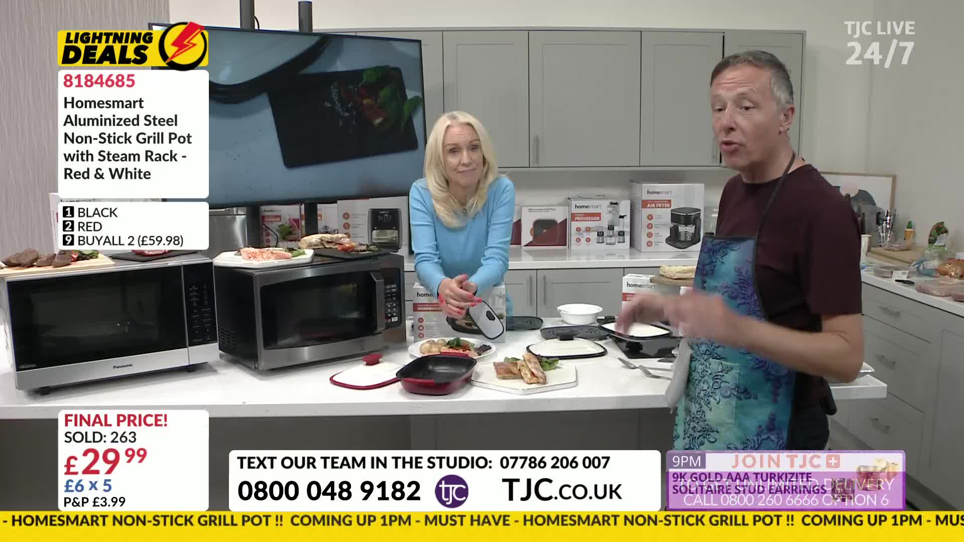 The man in the apron gestures towards a small grill, while the woman beside him smiles. On the counter, there's a microwave, some food, and a red grill pan, all part of a TJC "Lightning Deals" promotion.
