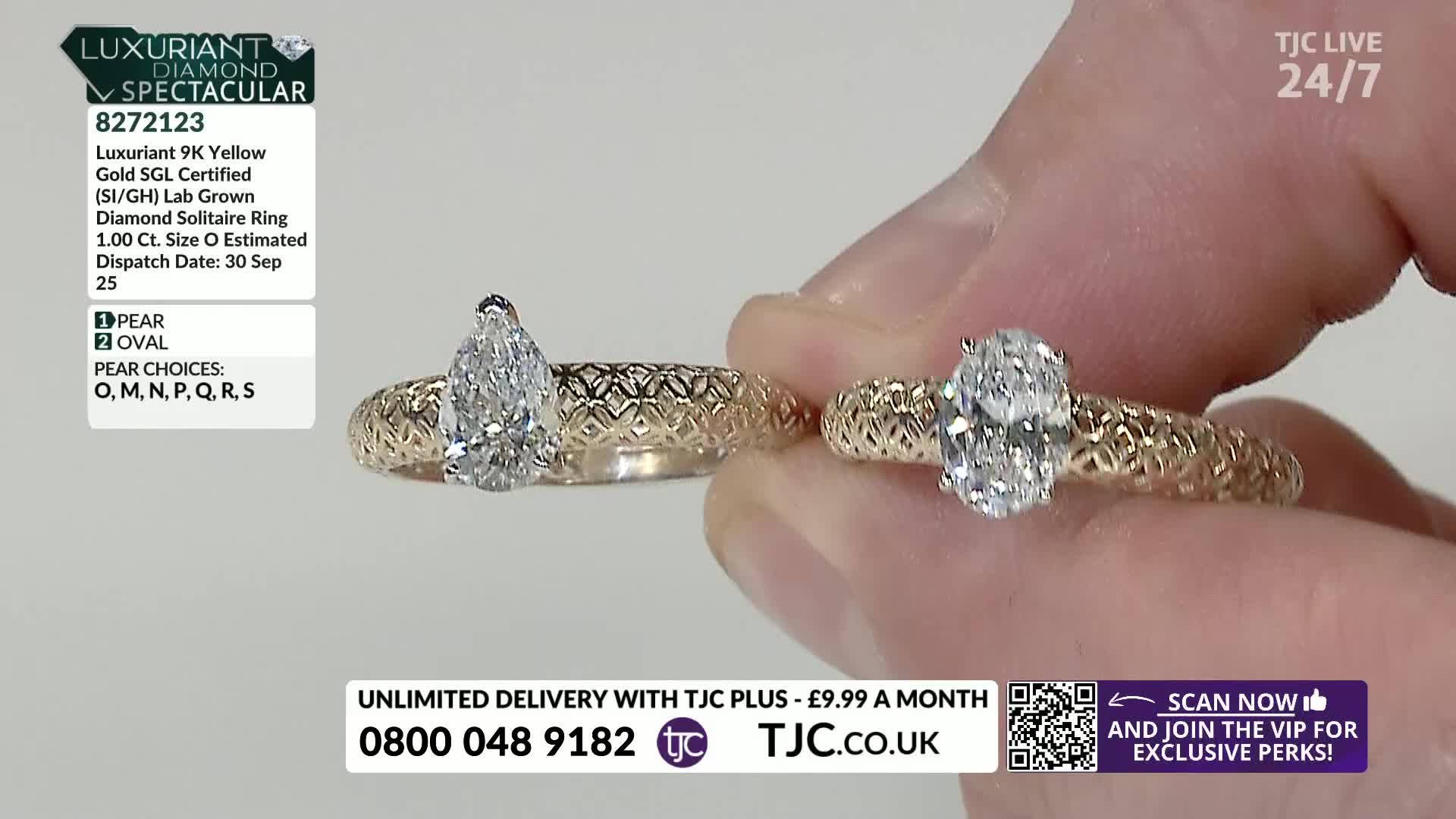 A hand holds up two diamond rings, one pear-shaped and the other oval, both with intricate gold bands. The TJC logo and a phone number are visible in the bottom corner.
