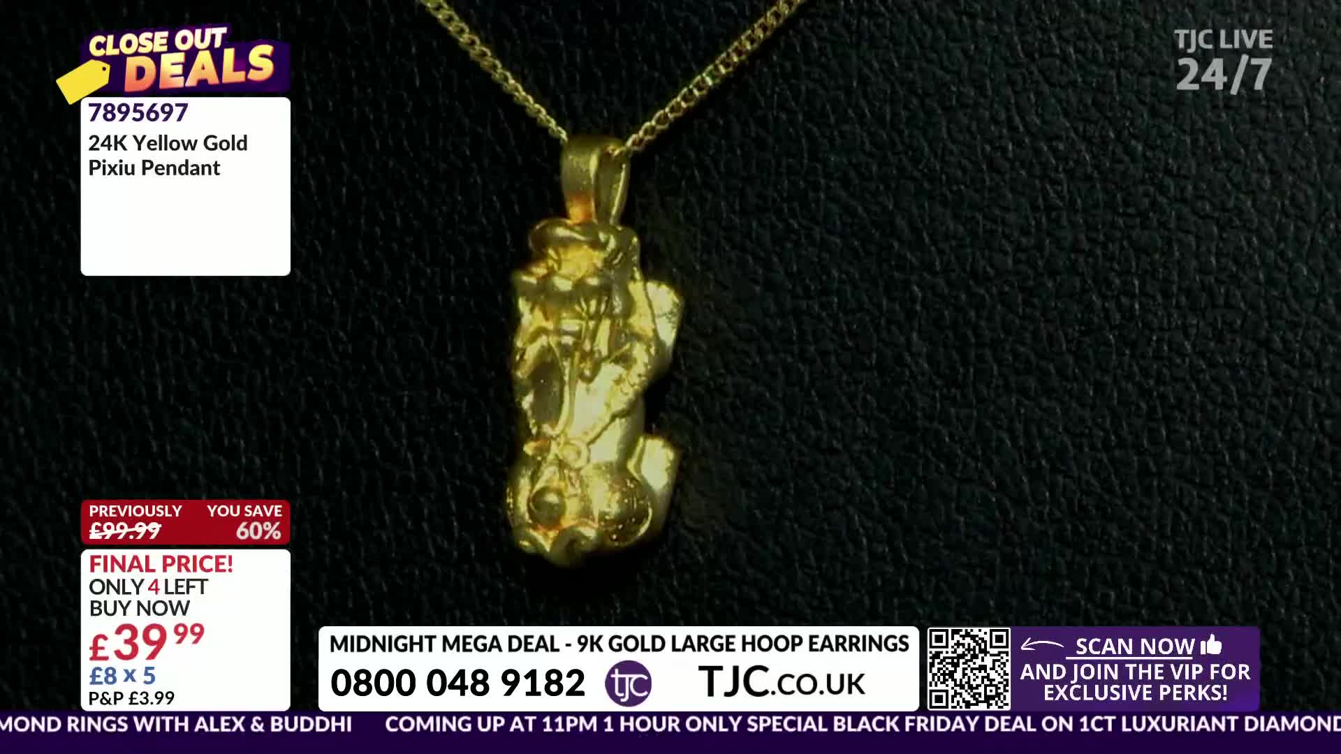 A gold pendant, shaped like a mythical creature, hangs from a thin chain. The TJC logo and a phone number are displayed below, advertising a "Midnight Mega Deal."
A gold pendant, shaped like a mythical creature, hangs from a thin chain. The TJC logo and a phone number are displayed below, advertising a "Midnight Mega Deal."