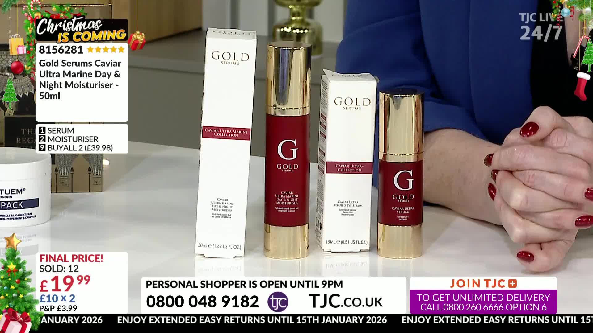 A selection of skincare products, including a serum and moisturiser, sit on a table, all branded "Gold Serums Caviar Ultra Marine." A presenter in a blue top and red nail polish gestures near the products.
A selection of skincare products, including a serum and moisturiser, sit on a table, all branded "Gold Serums Caviar Ultra Marine." A presenter in a blue top and red nail polish gestures near the products.