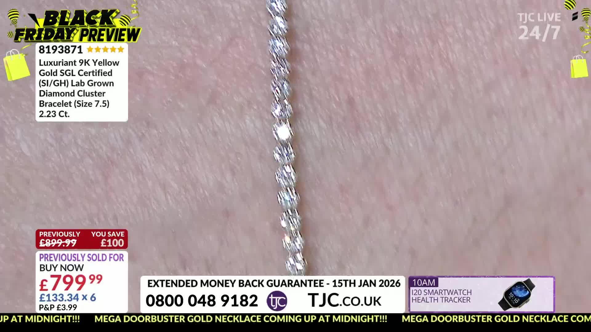 A diamond bracelet, with individual stones, is displayed against a pale background. The TJC logo and Black Friday preview graphics are in the background.
A diamond bracelet, with individual stones, is displayed against a pale background. The TJC logo and Black Friday preview graphics are in the background.