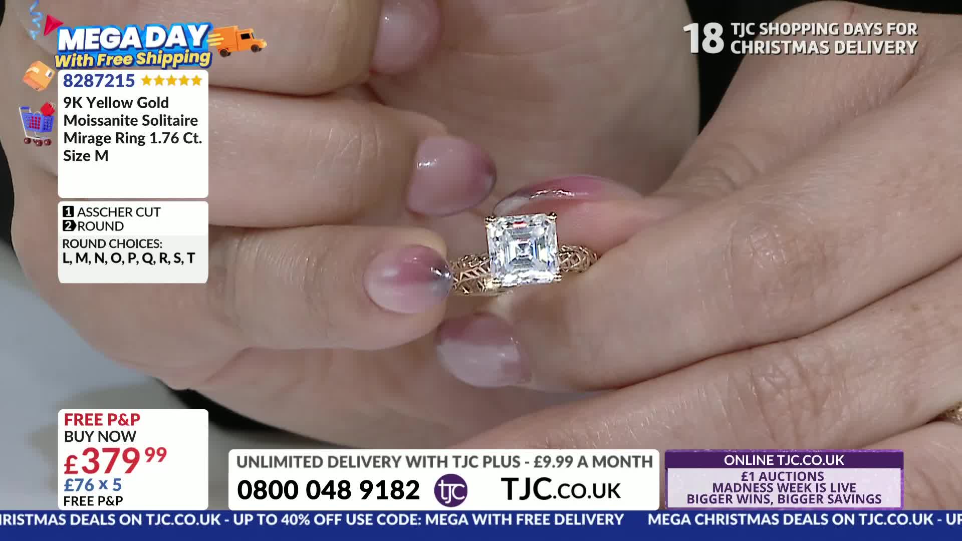 A hand, with painted nails, presents a gold ring with a large, square gemstone. The TJC logo and a price are visible in the lower portion of the screen.
A hand, with painted nails, presents a gold ring with a large, square gemstone. The TJC logo and a price are visible in the lower portion of the screen.
