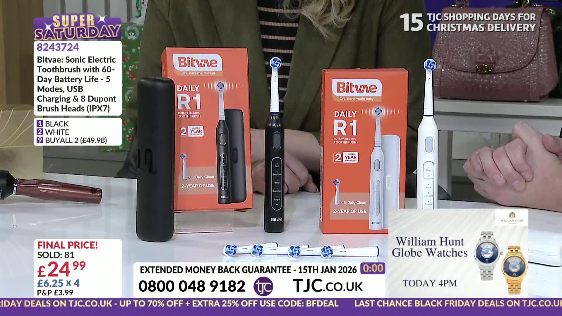 On a TJC set, a black and a white electric toothbrush stand next to their boxes. Below, a row of spare brush heads is laid out, ready for sale.
On a TJC set, a black and a white electric toothbrush stand next to their boxes. Below, a row of spare brush heads is laid out, ready for sale.