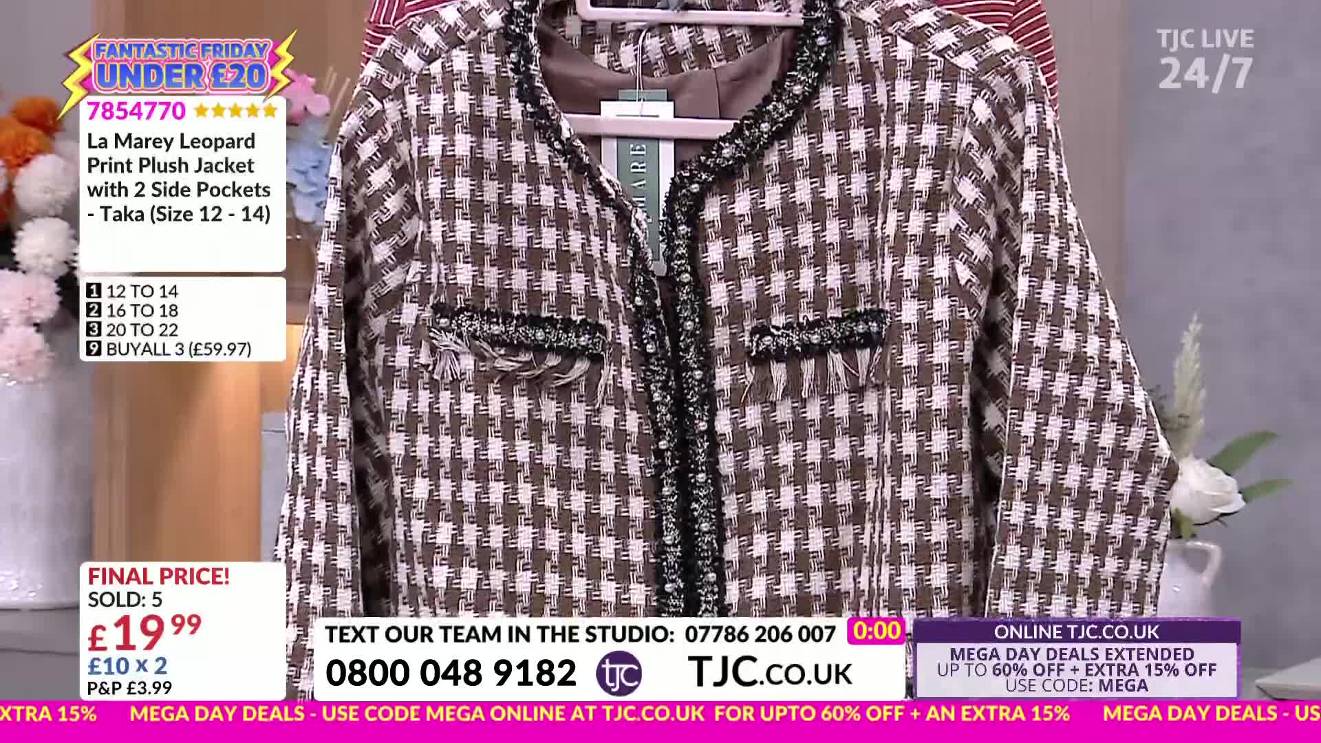 A brown and white patterned jacket hangs on display, its tweed-like fabric and fringed pockets catching the light. A graphic overlay announces a "Fantastic Friday" deal, with the price of £19.99 prominently featured.