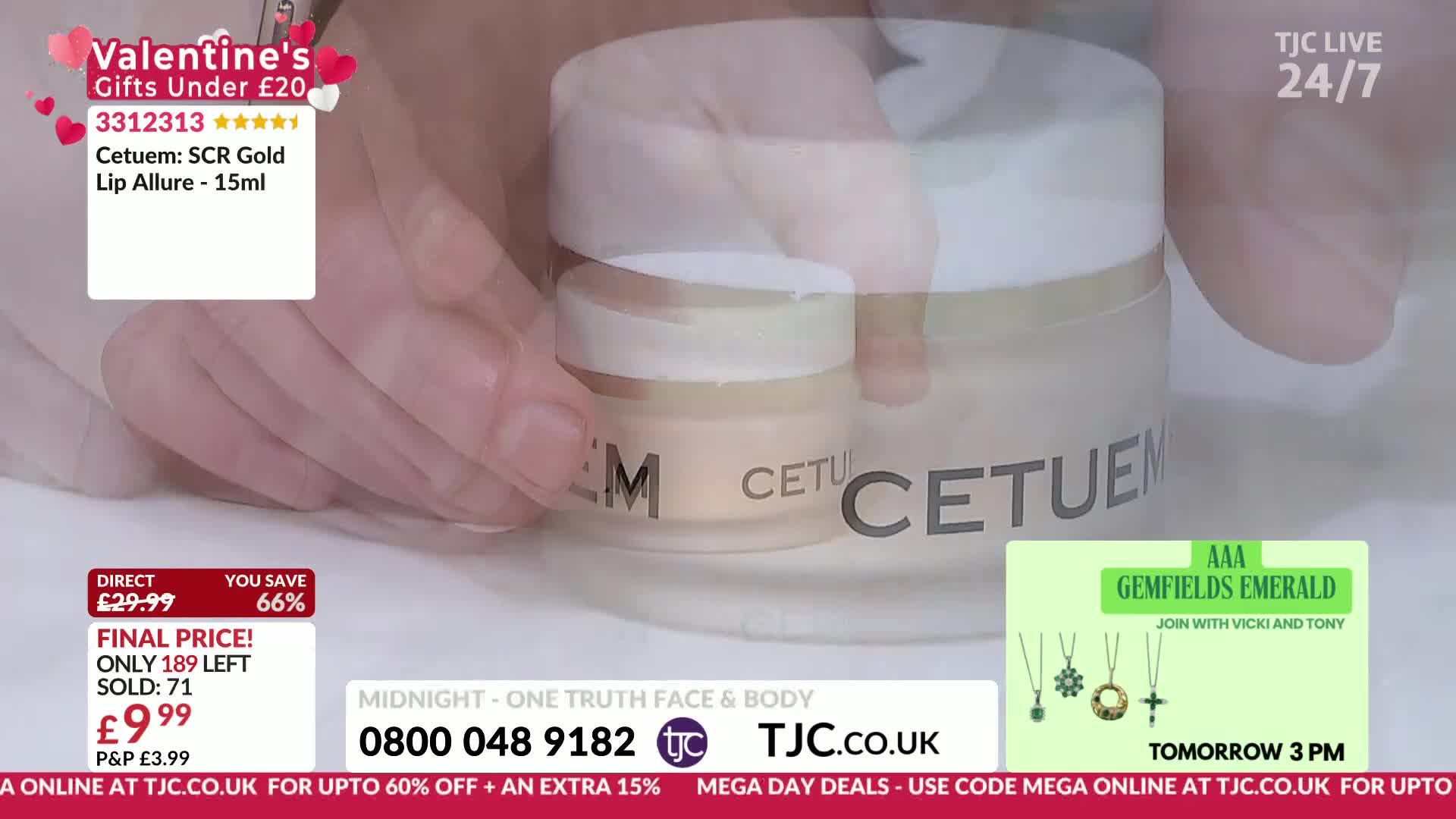 A hand gently places a small jar of lip balm next to a larger one. The TJC logo is visible, advertising a Valentine's gift offer.