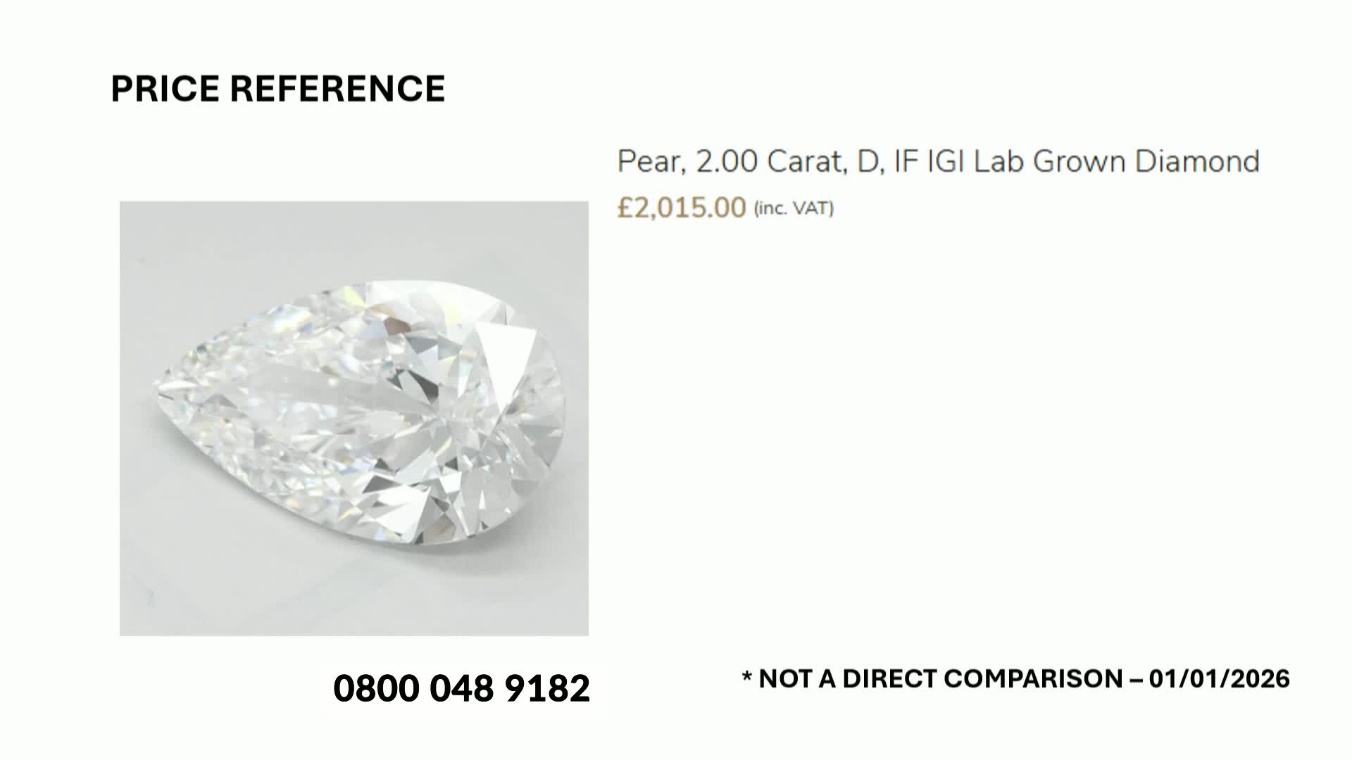 A pear-shaped diamond, 2.00 carats, D colour, IF clarity, is displayed. Its price is £2,015.00 including VAT.