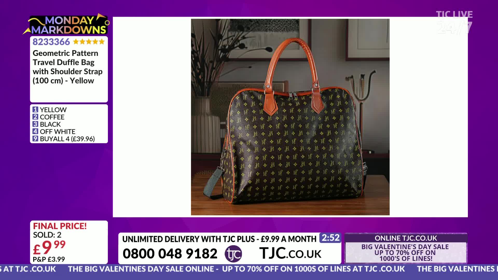 A patterned travel bag sits on a wooden surface. The TJC logo is visible on screen.