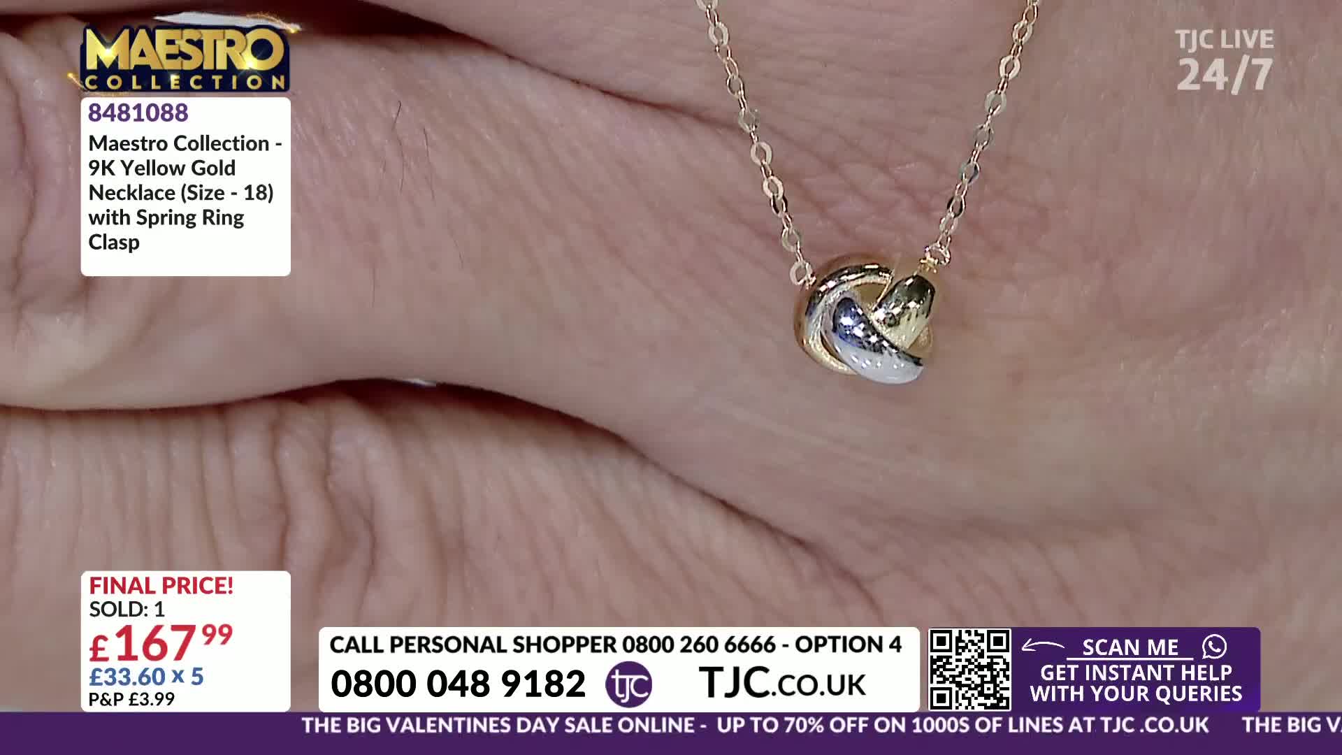 A delicate necklace with a knot of yellow and white gold hangs against a hand. The TJC logo and pricing information are displayed on screen.