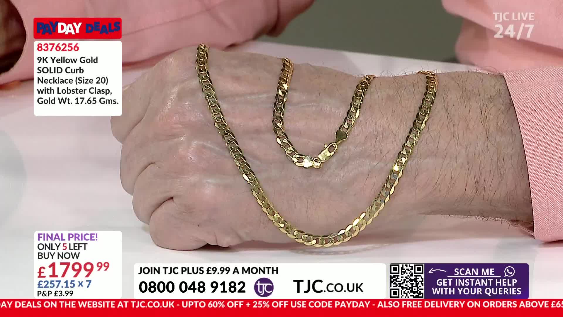 A thick, 9-carat yellow gold curb chain rests on a hand, its links catching the light. The TJC logo is visible, advertising a special offer.
