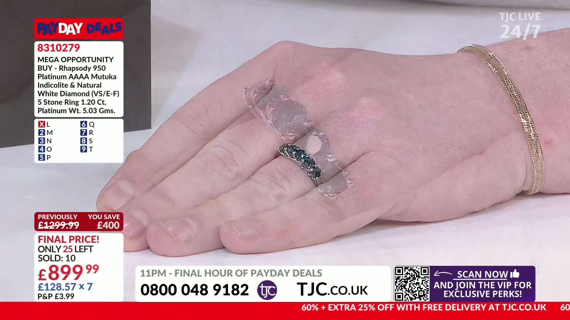 A hand displays a platinum ring with five dark stones, glistening under the lights. A thin gold bracelet encircles the wrist, catching the light with every subtle movement.