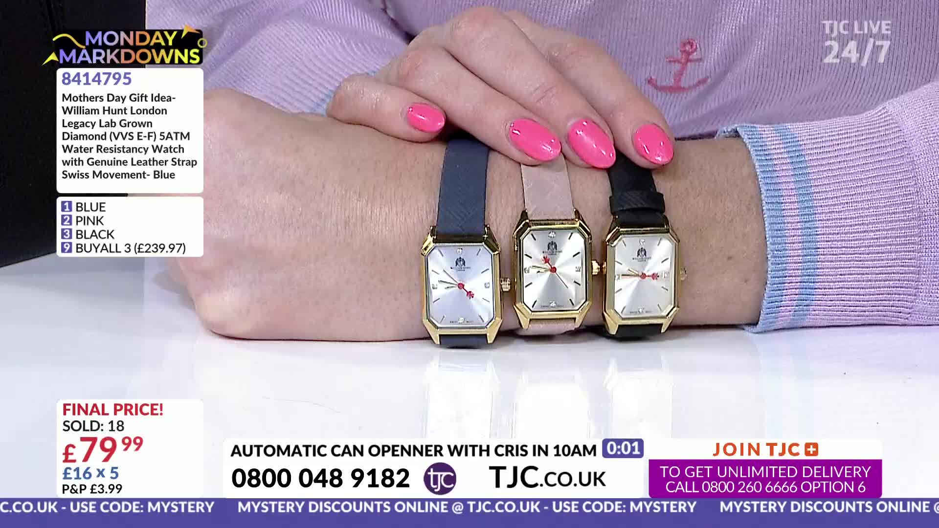 Three watches with gold-toned rectangular faces and coloured leather straps are displayed on a wrist. The watches are presented as a Mother's Day gift idea from TJC.