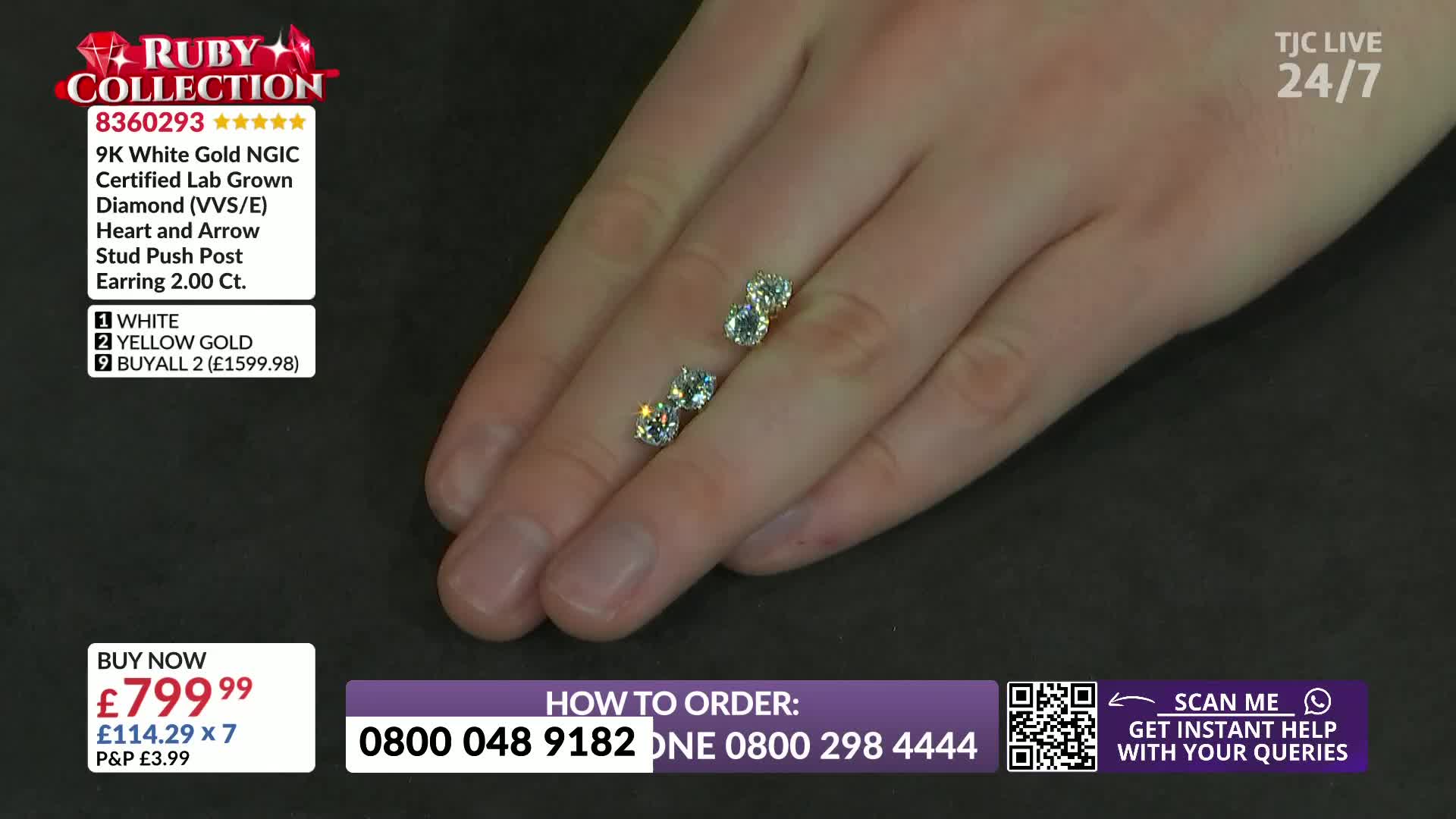 A hand displays two pairs of sparkling diamond stud earrings. The TJC logo and ordering information are visible on screen.