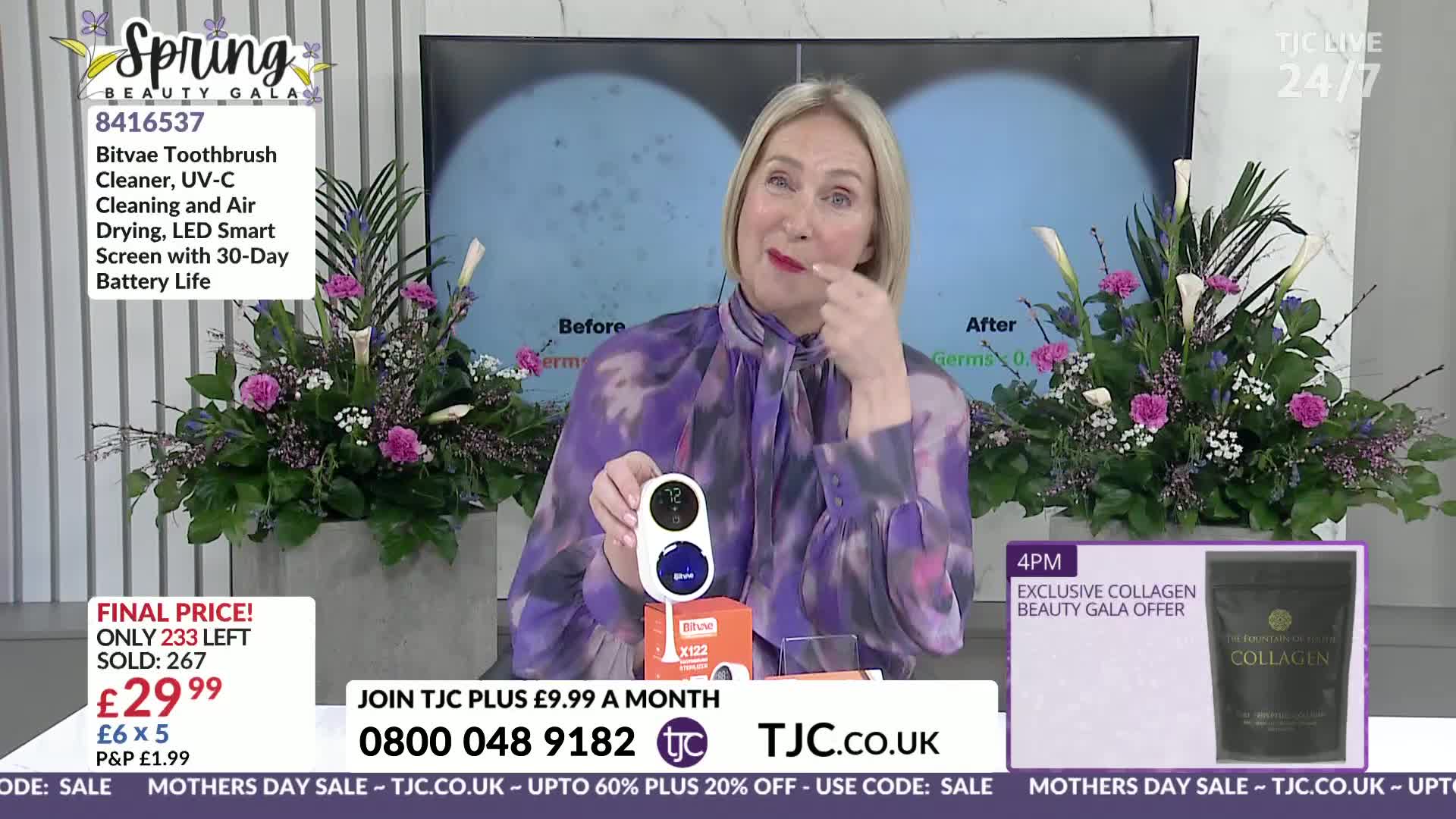 A woman on TJC is demonstrating a toothbrush cleaner, pointing to her lips. Beside her, a large screen displays before and after images of germ counts.