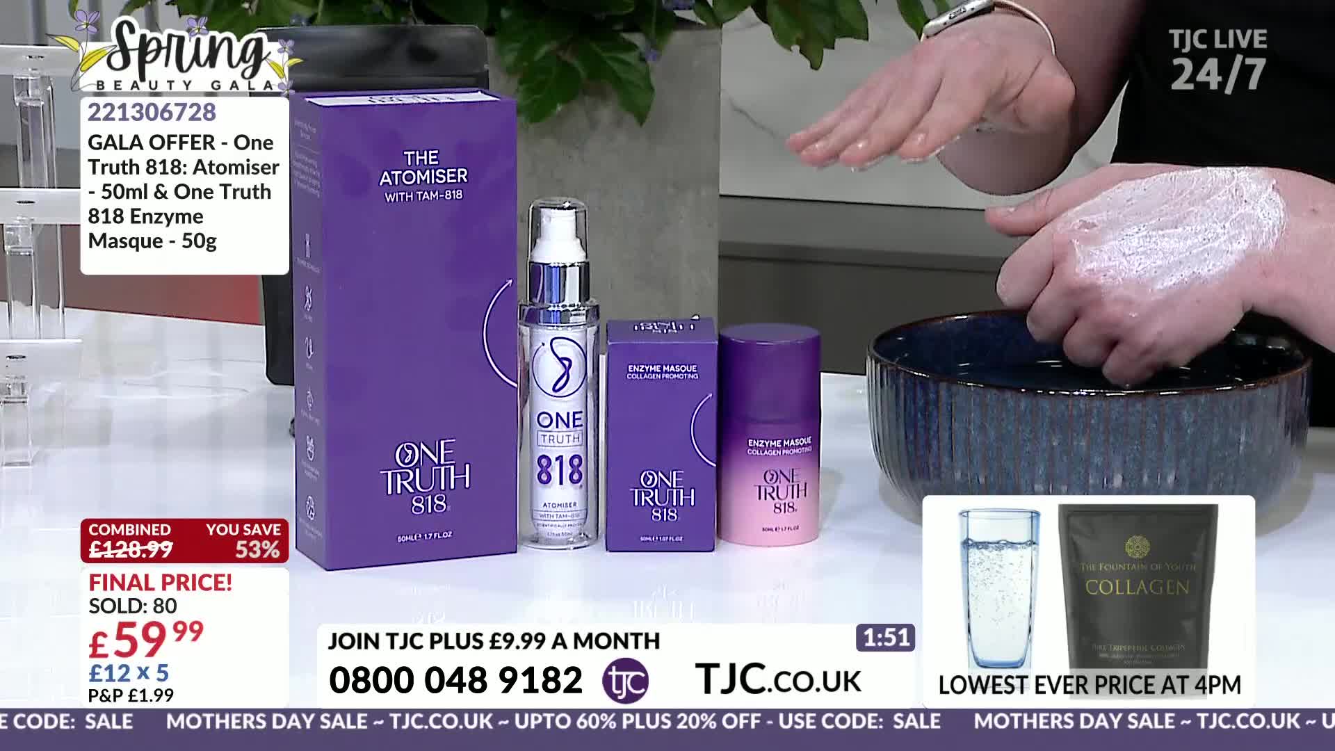 Hands are being rinsed in a dark blue bowl of water, covered in a white lather. Beside them, a set of purple and silver skincare products are displayed.