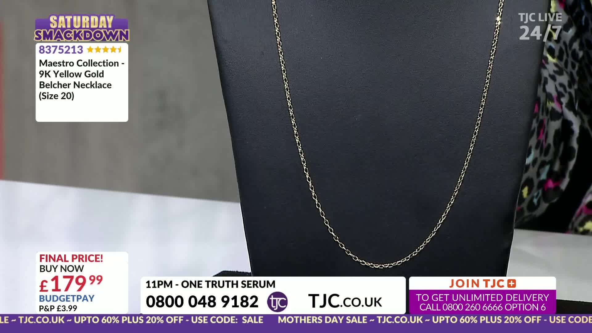 A delicate gold chain hangs from a black display. Text overlays announce a "Saturday Smackdown" and a price of £179.99.