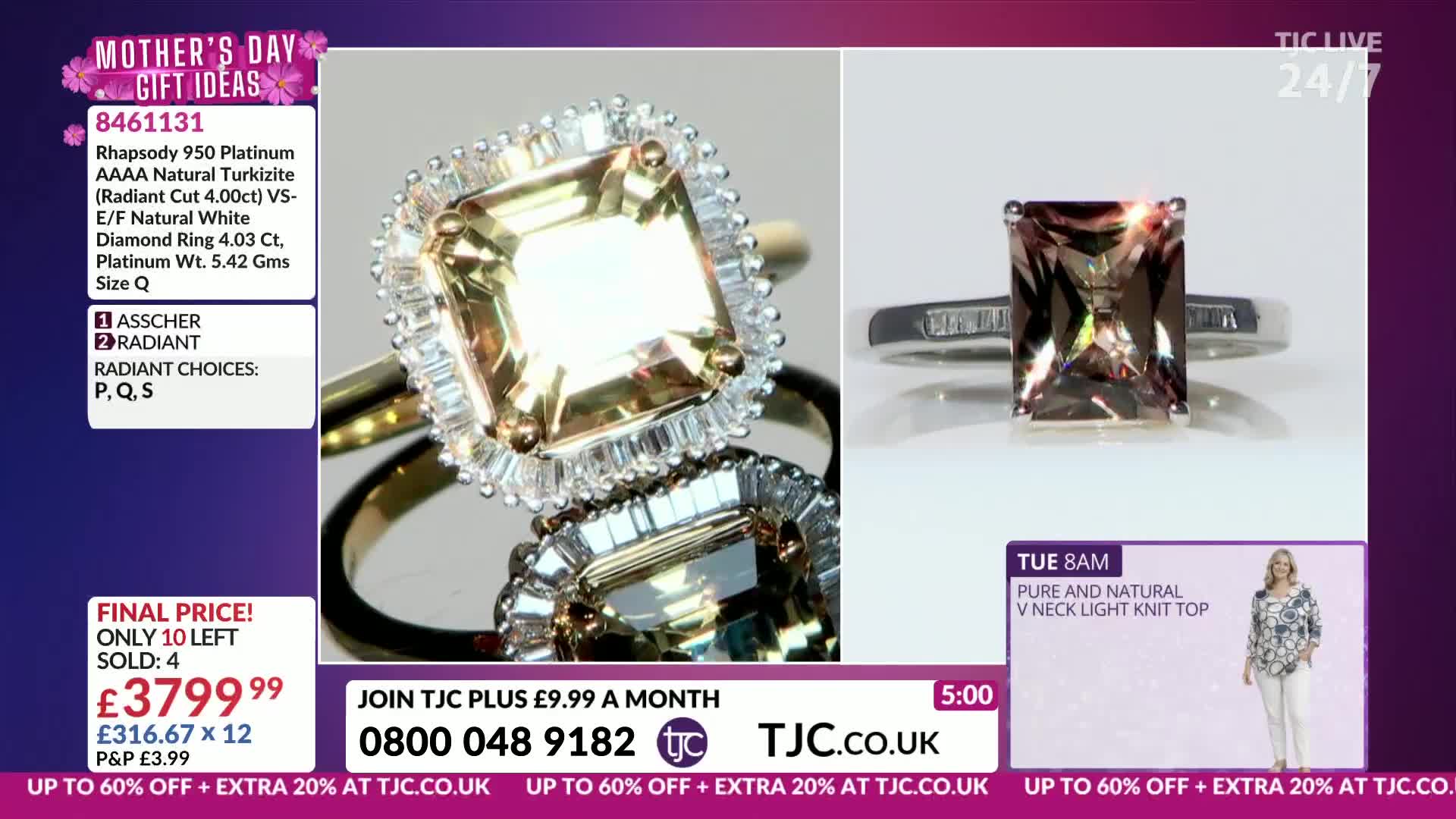 A large, rectangular, peach-coloured gemstone ring, surrounded by smaller diamonds, is showcased. The ring sits on a reflective surface, its facets catching the light.