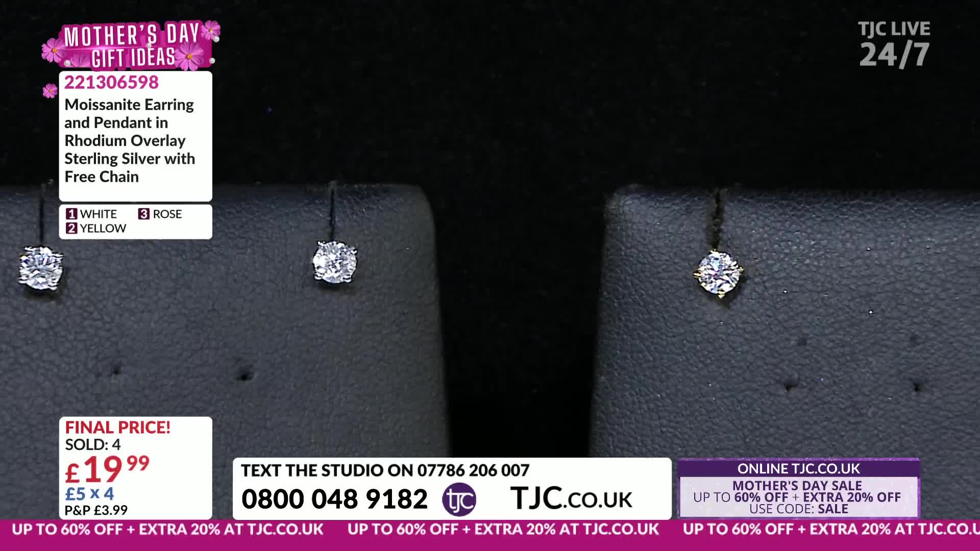 Two small, sparkling earrings sit on black velvet stands. A price of £19.99 is displayed prominently.