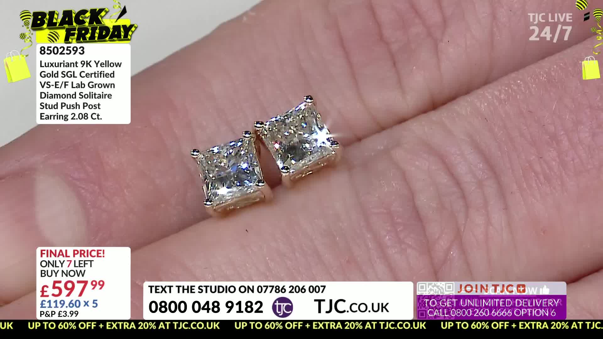 Two square-cut diamond earrings rest on a palm. The TJC logo and Black Friday sale details are visible on the left.