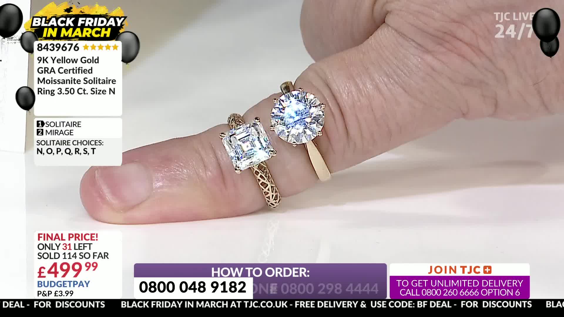 Two rings, one with a square-cut stone and the other with a round-cut stone, are displayed on a finger against a blurred background. The TJC logo and details about a "Black Friday in March" sale are visible at the bottom.