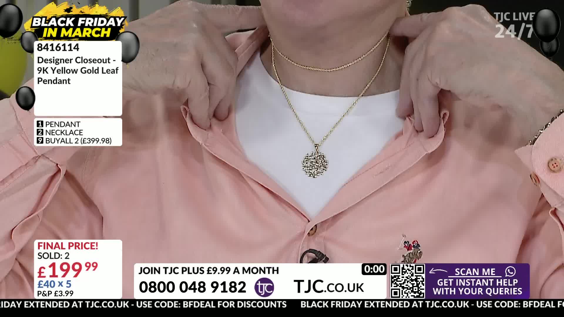 Fingers adjust a delicate gold chain around a neck, showcasing a circular pendant. The TJC logo flashes on screen, advertising a Black Friday deal.