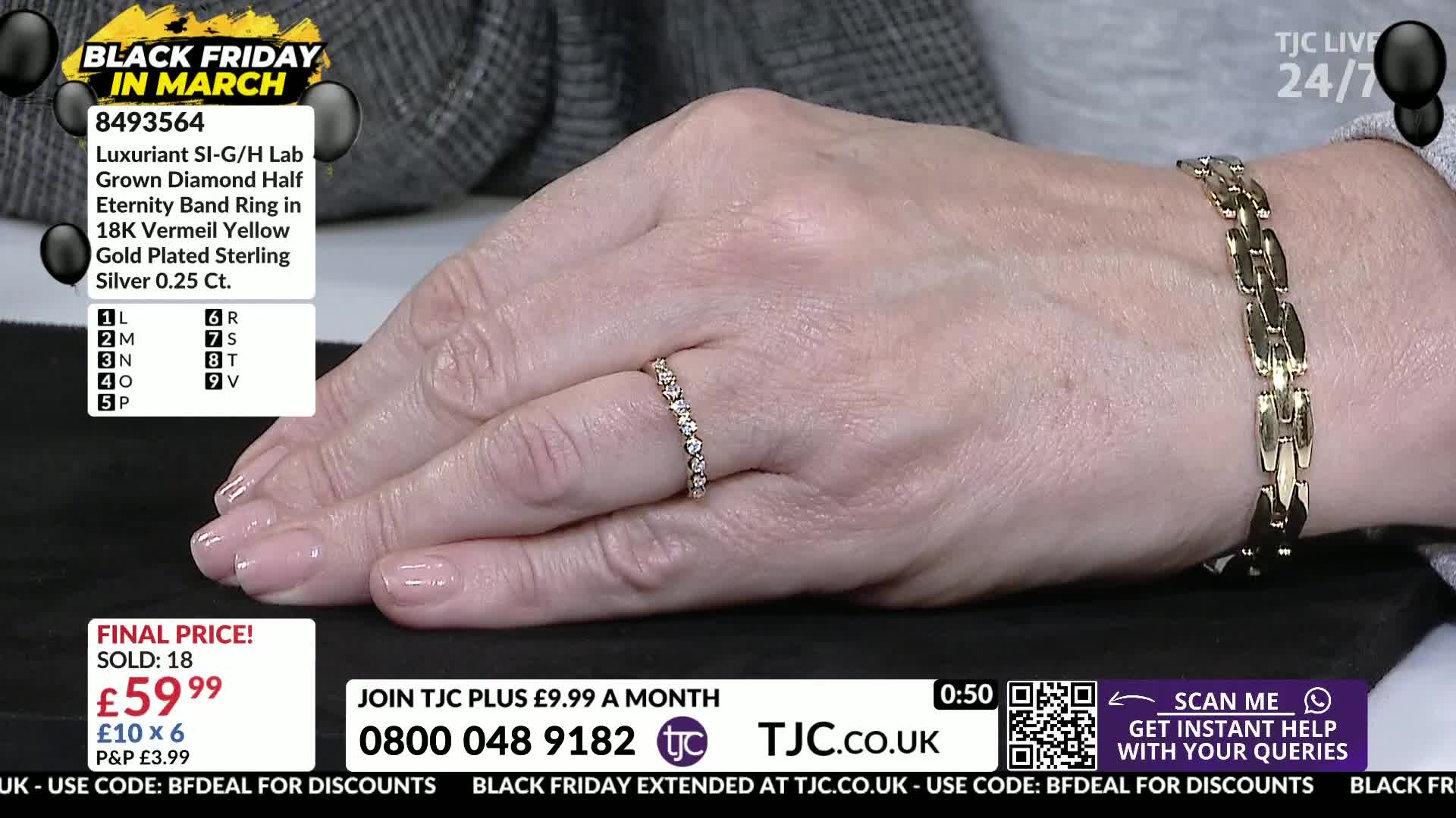 A hand with a delicate ring and bracelet is presented. The ring sparkles with small diamonds, and the bracelet is a classic gold chain.