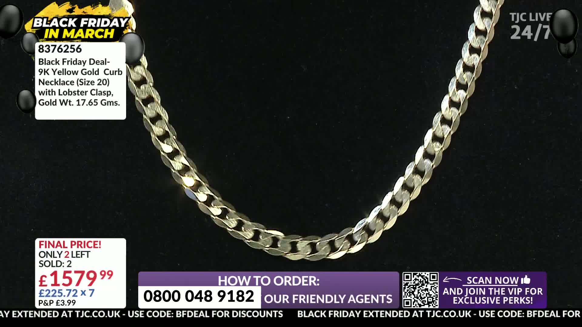 A thick, 9-carat yellow gold curb necklace drapes across the screen, its polished links catching the light. The TJC logo and a "Black Friday in March" banner are visible on the left, with a price of £1579.99 displayed prominently.