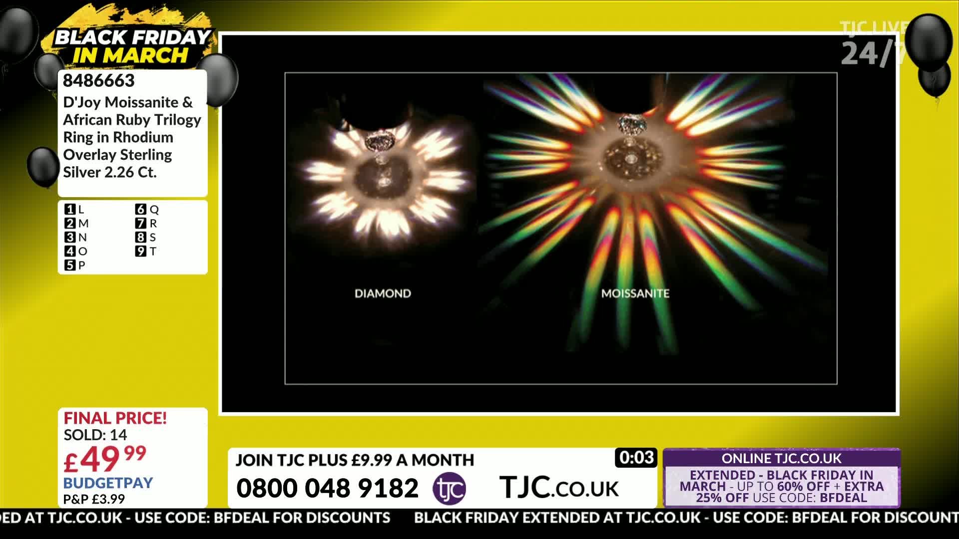 A diamond and a moissanite are shown side-by-side, each with light radiating outwards. The moissanite displays a spectrum of rainbow colours, while the diamond's light is a pure white glow.