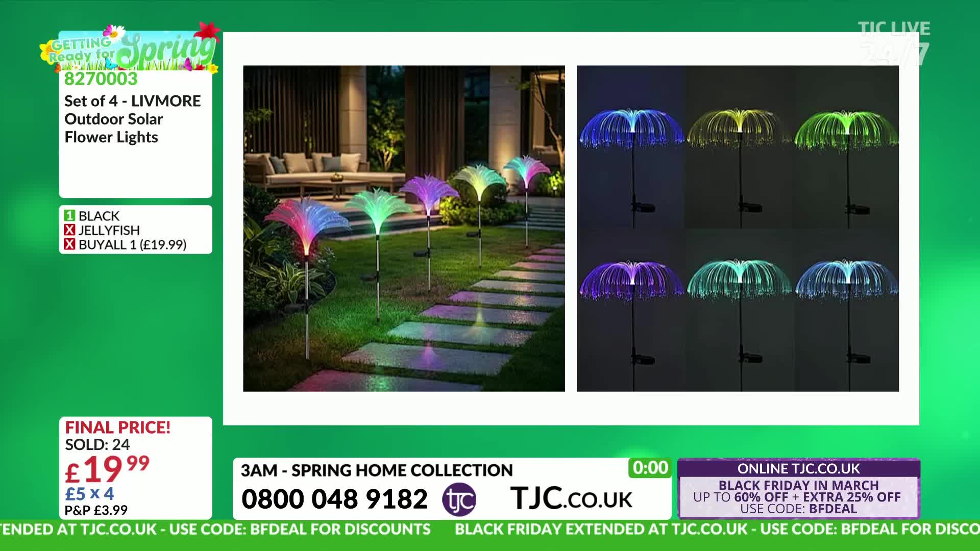 A row of solar flower lights glow with vibrant colours along a garden path. These lights, in shades of pink, purple, and green, illuminate the twilight scene.